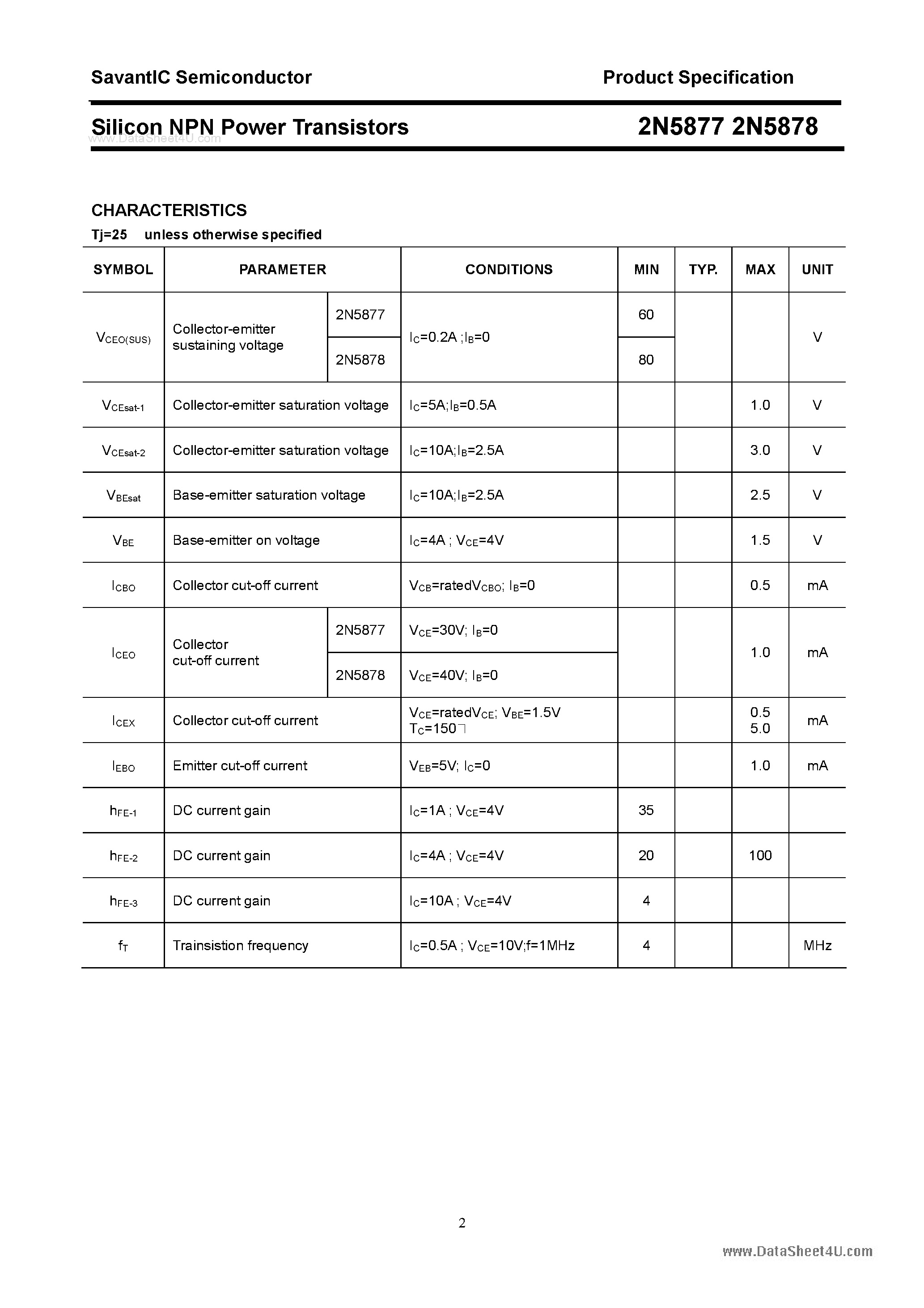 Datasheet 2N5877 - (2N5877 / 2N5878) Silicon NPN Power Transistor page 2