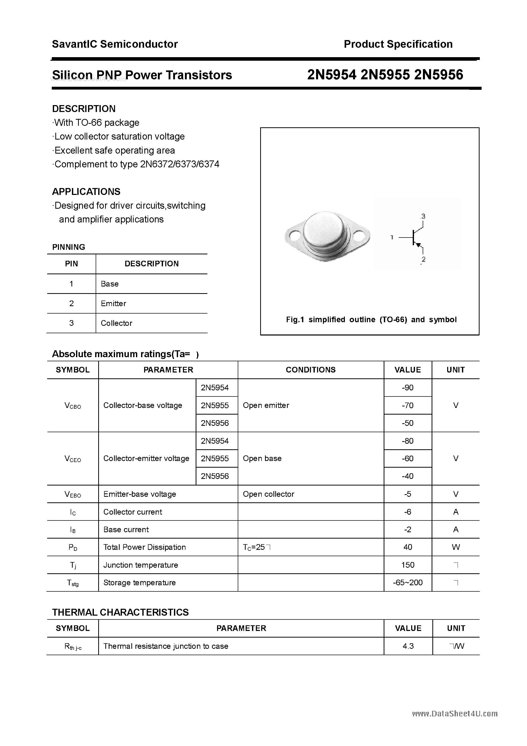 Datasheet 2N5954 - (2N5954 - 2N5956) Silicon PNP Power Transistor page 1