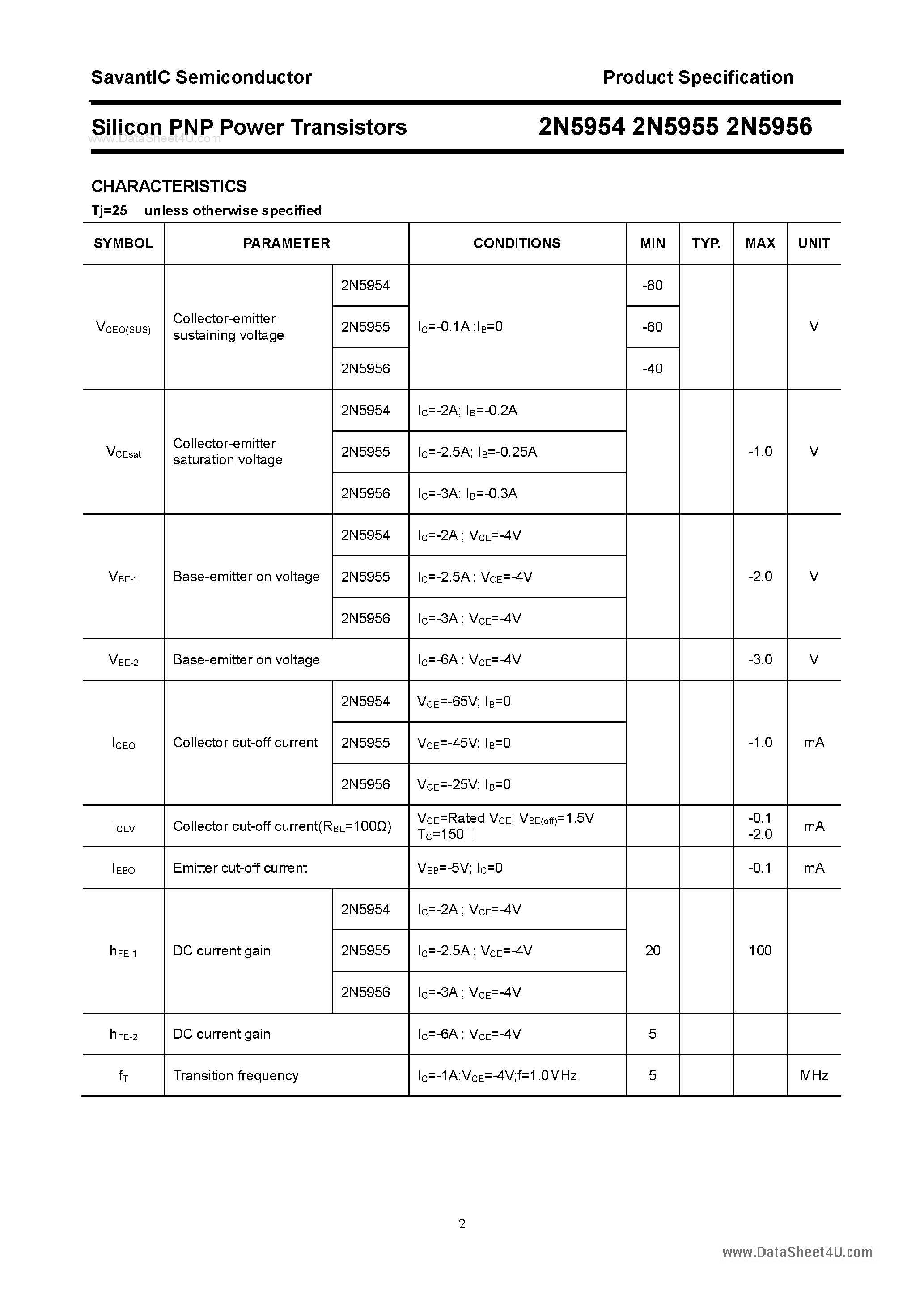 Datasheet 2N5954 - (2N5954 - 2N5956) Silicon PNP Power Transistor page 2