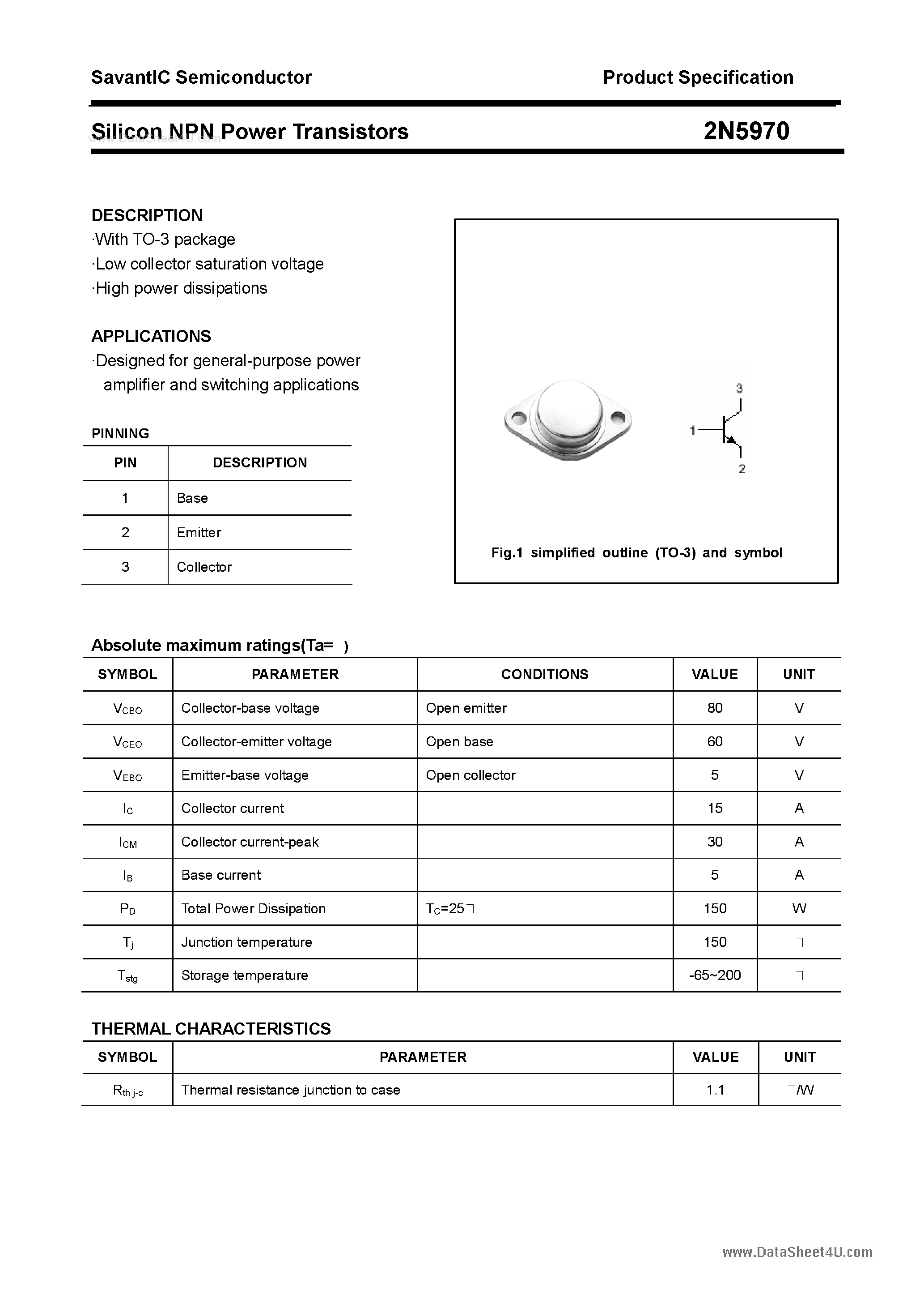 Datasheet 2N5970 - Silicon NPN Power Transistor page 1