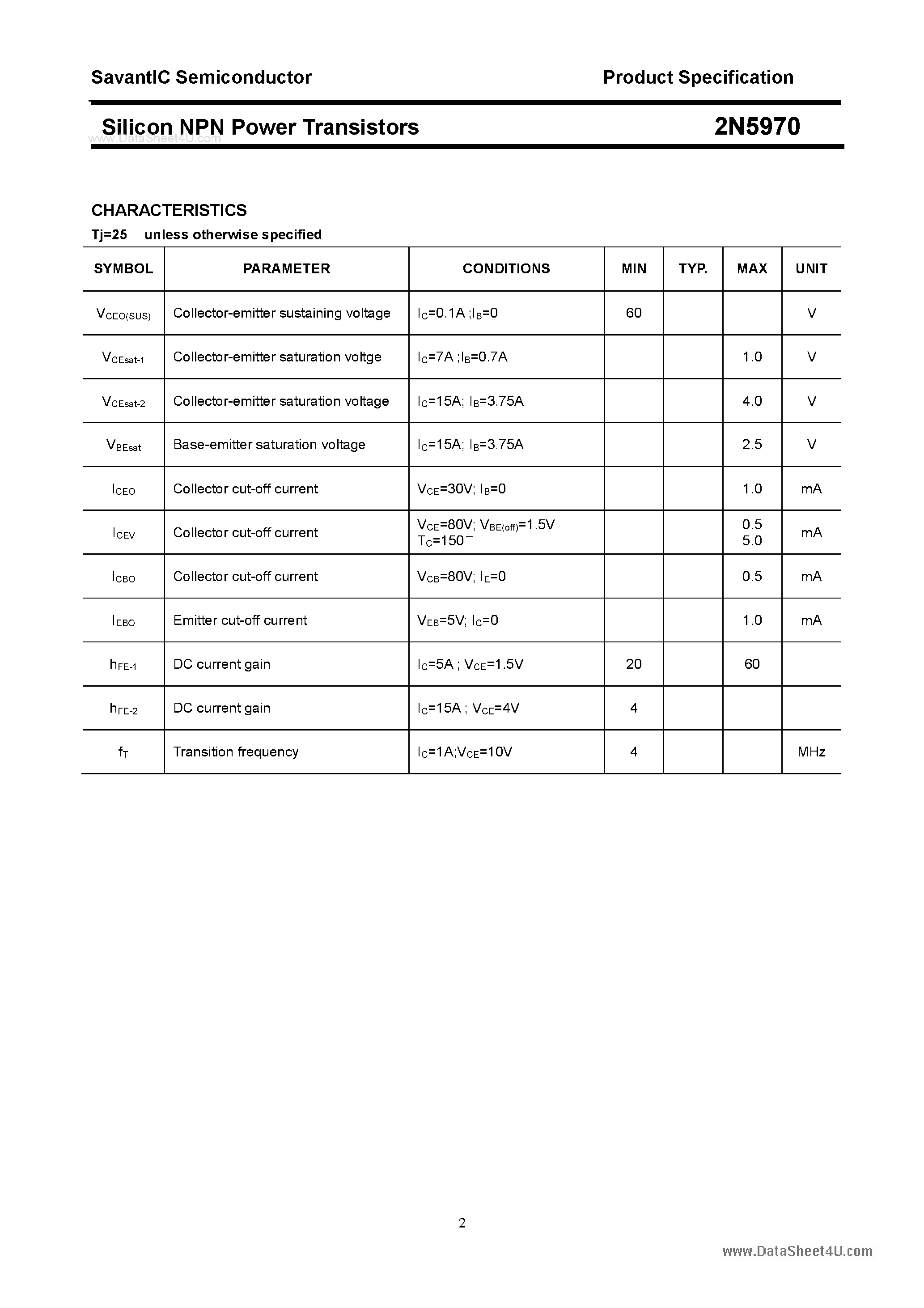 Datasheet 2N5970 - Silicon NPN Power Transistor page 2