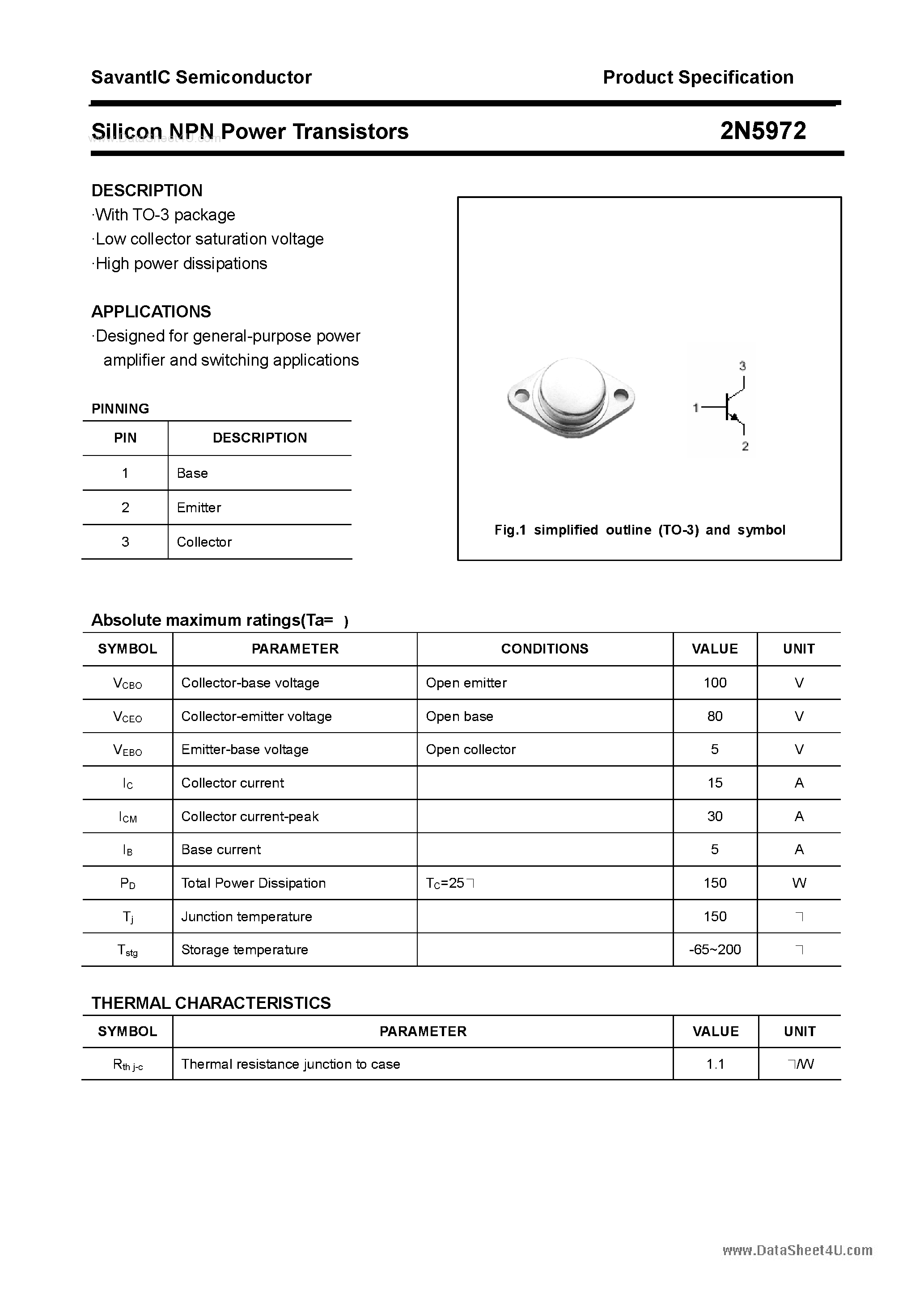 Datasheet 2N5972 - Silicon NPN Power Transistor page 1