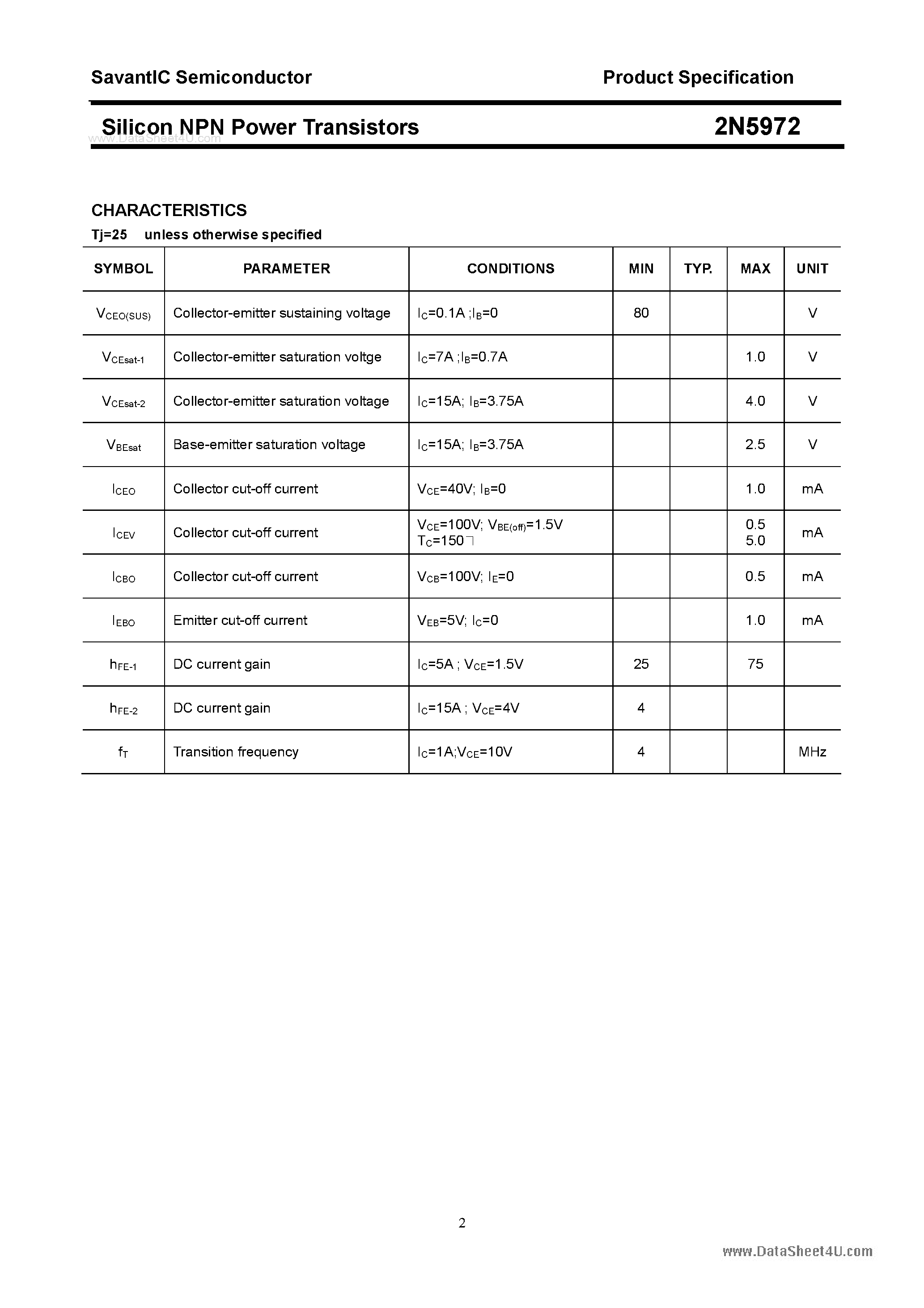Datasheet 2N5972 - Silicon NPN Power Transistor page 2