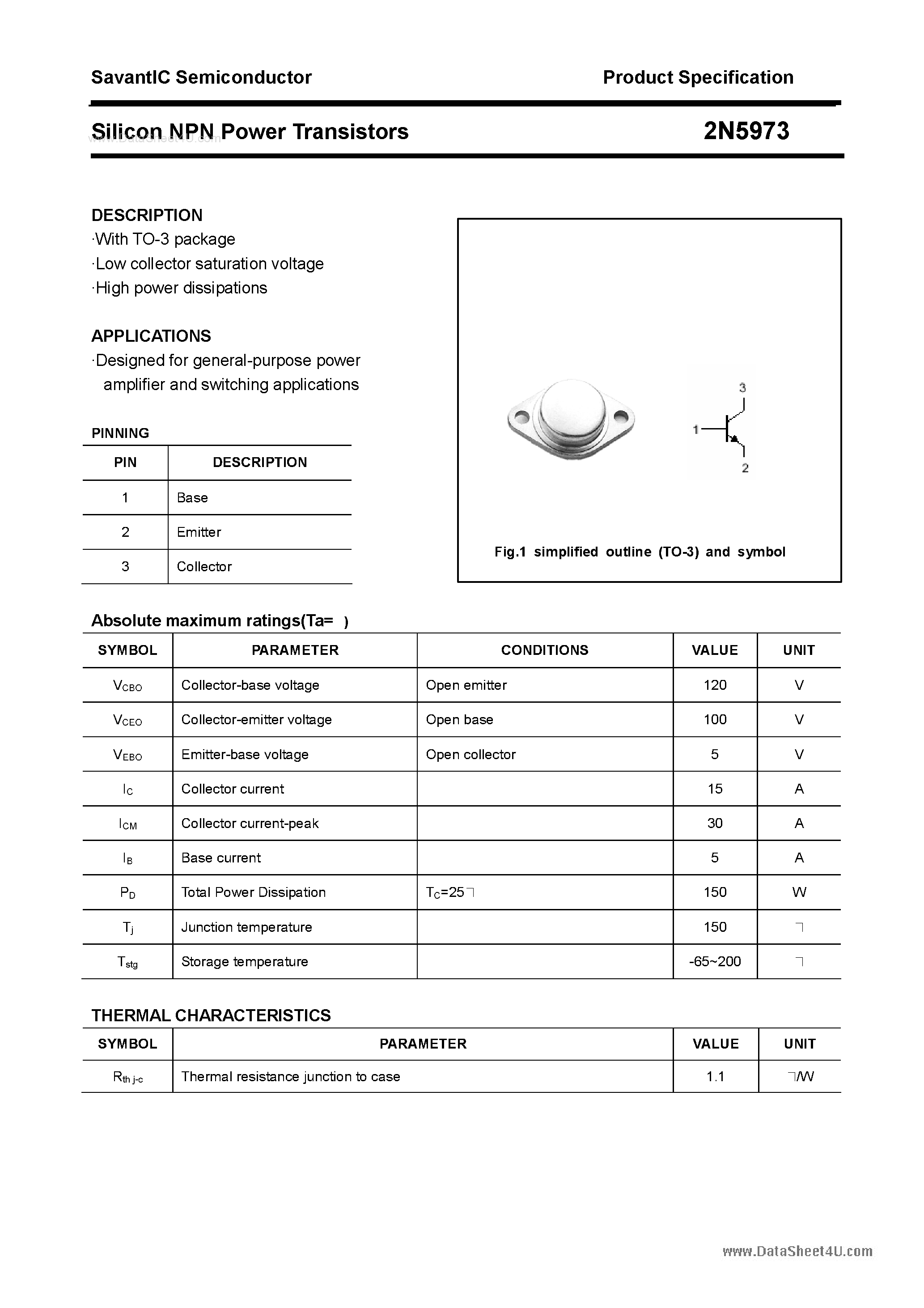 Datasheet 2N5973 - Silicon NPN Power Transistor page 1