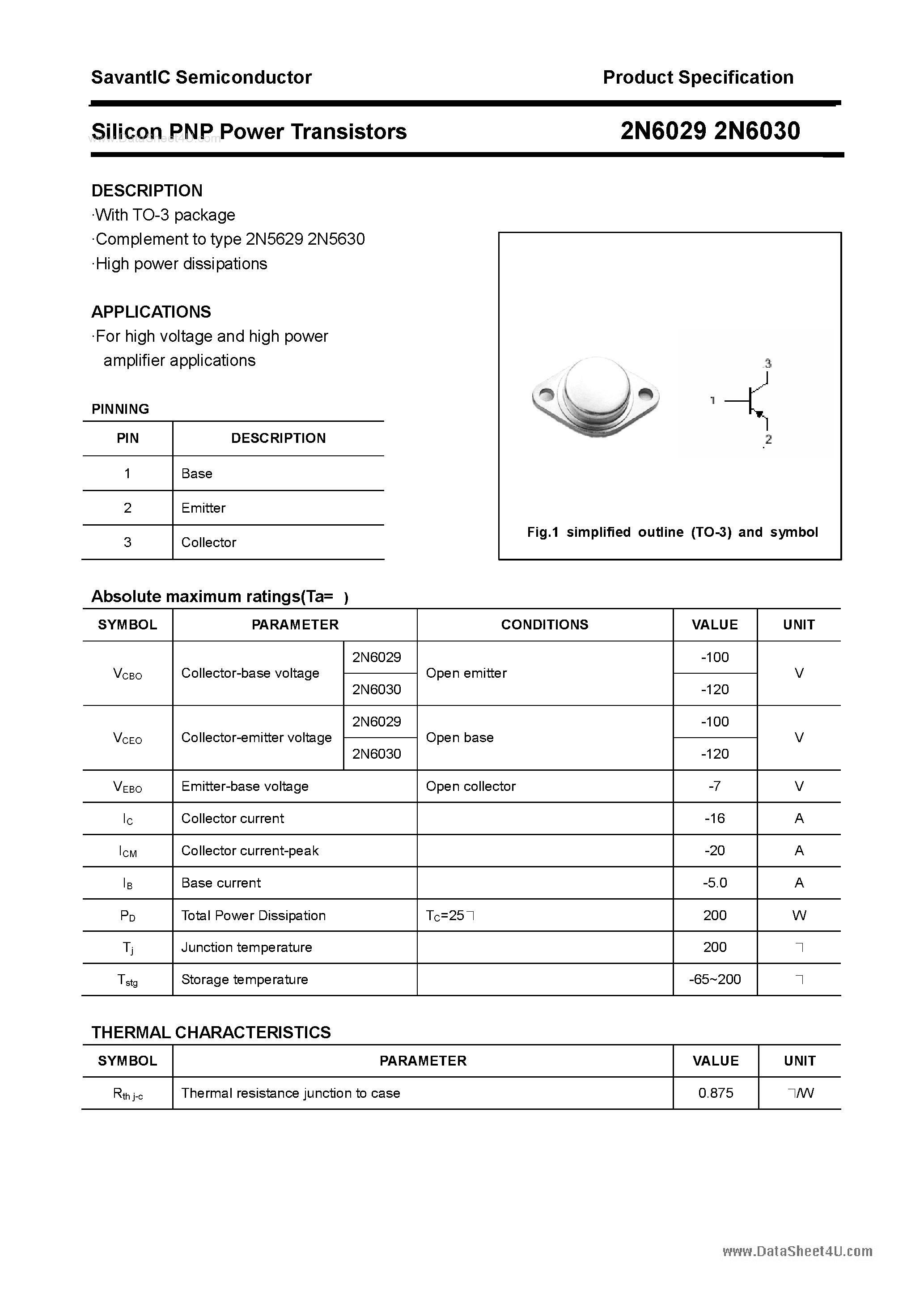Datasheet 2N6029 - (2N6029 / 2N6030) Silicon PNP Power Transistor page 1