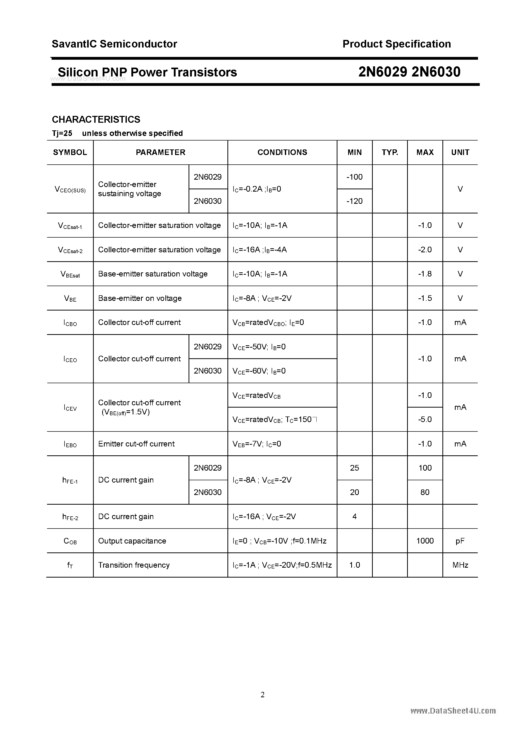 Datasheet 2N6029 - (2N6029 / 2N6030) Silicon PNP Power Transistor page 2