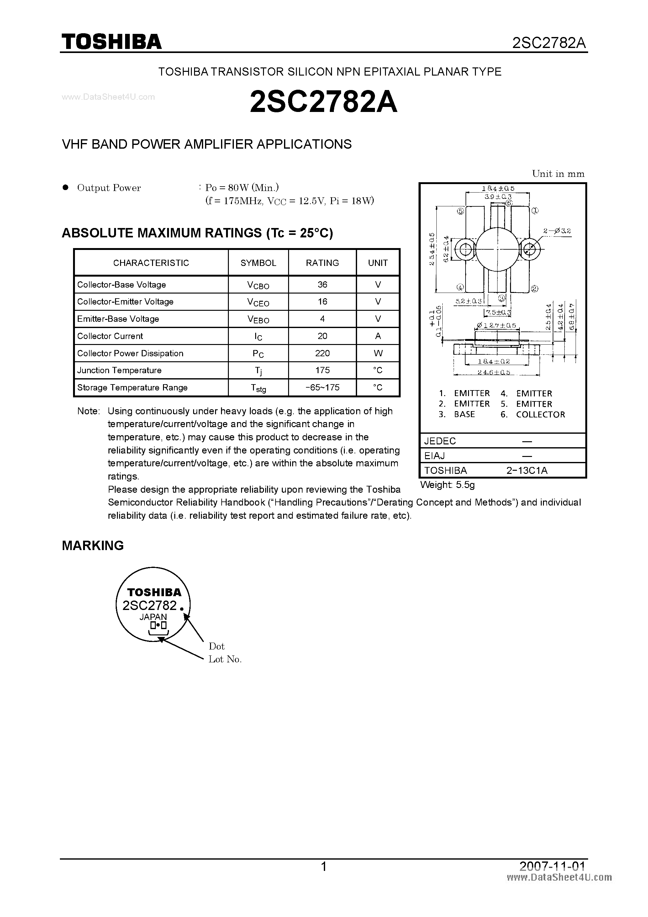 Datasheet 2SC2782A page 1 Datasheet 2SC2782A - VHF BAND POWER AMPLIFIER APPLICATIONS page 1
