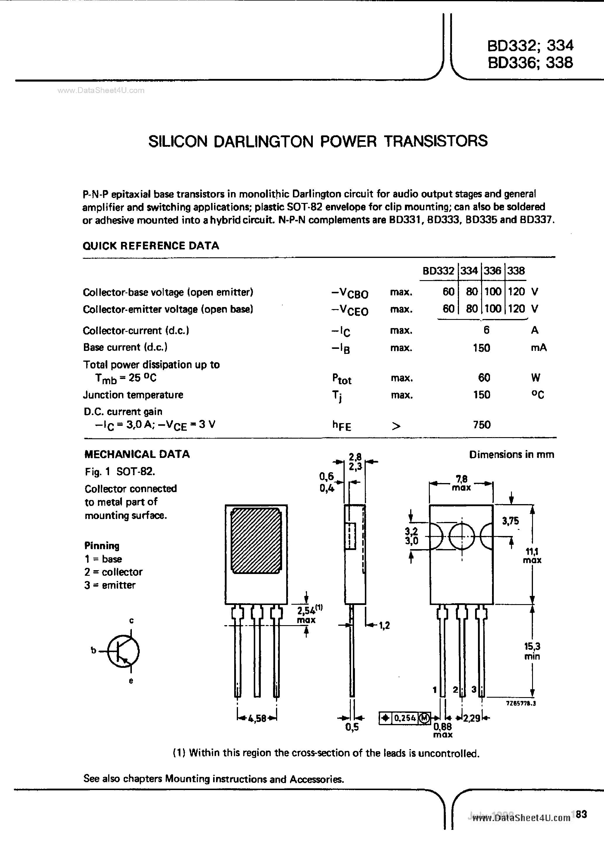 Даташит BD332 - (BD332 - BD338) SILICON DARLINGTON POWER TRANSISTORS страница 1