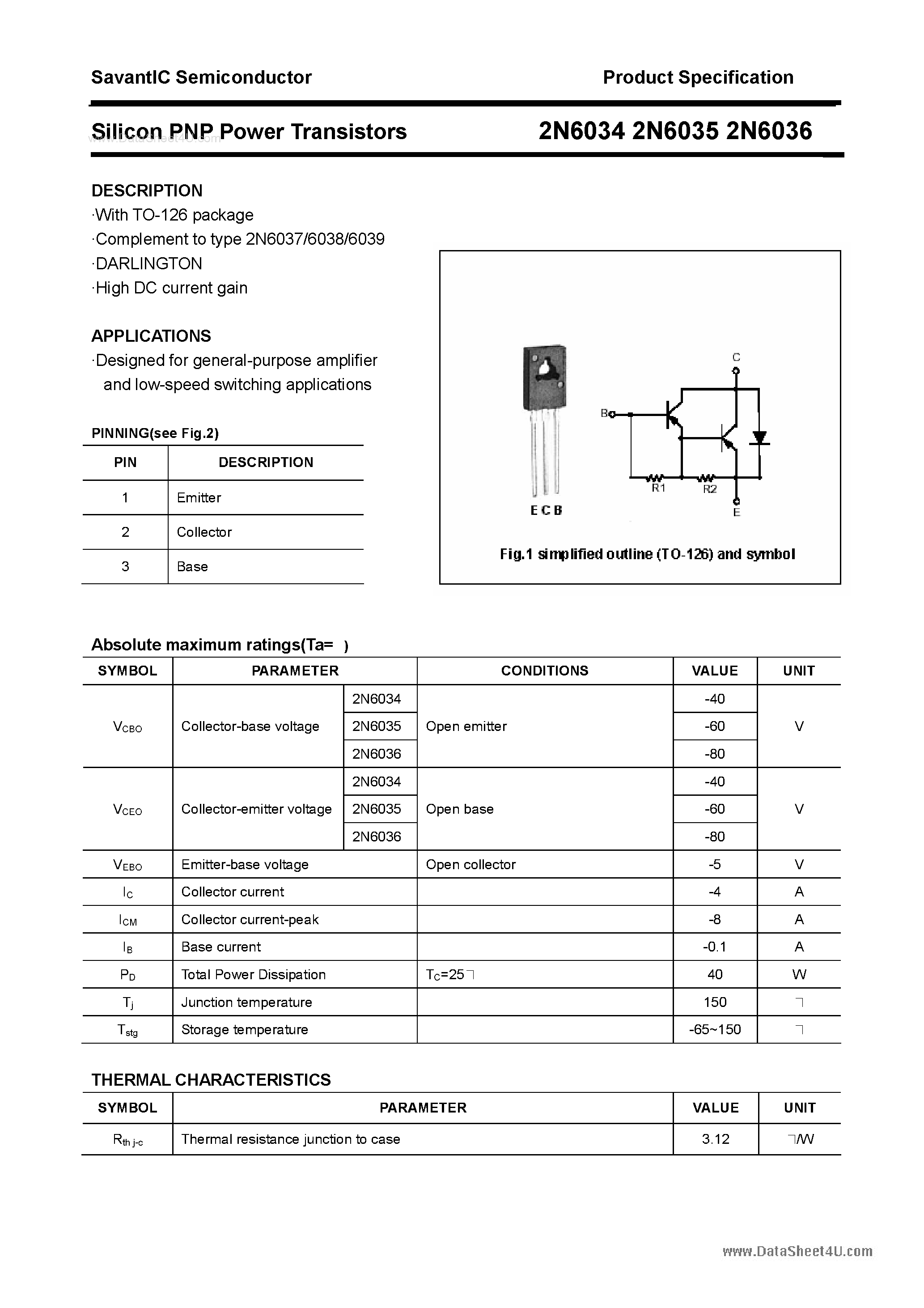Datasheet 2N6034 - (2N6034 - 2N6036) Silicon Power Transistor page 1