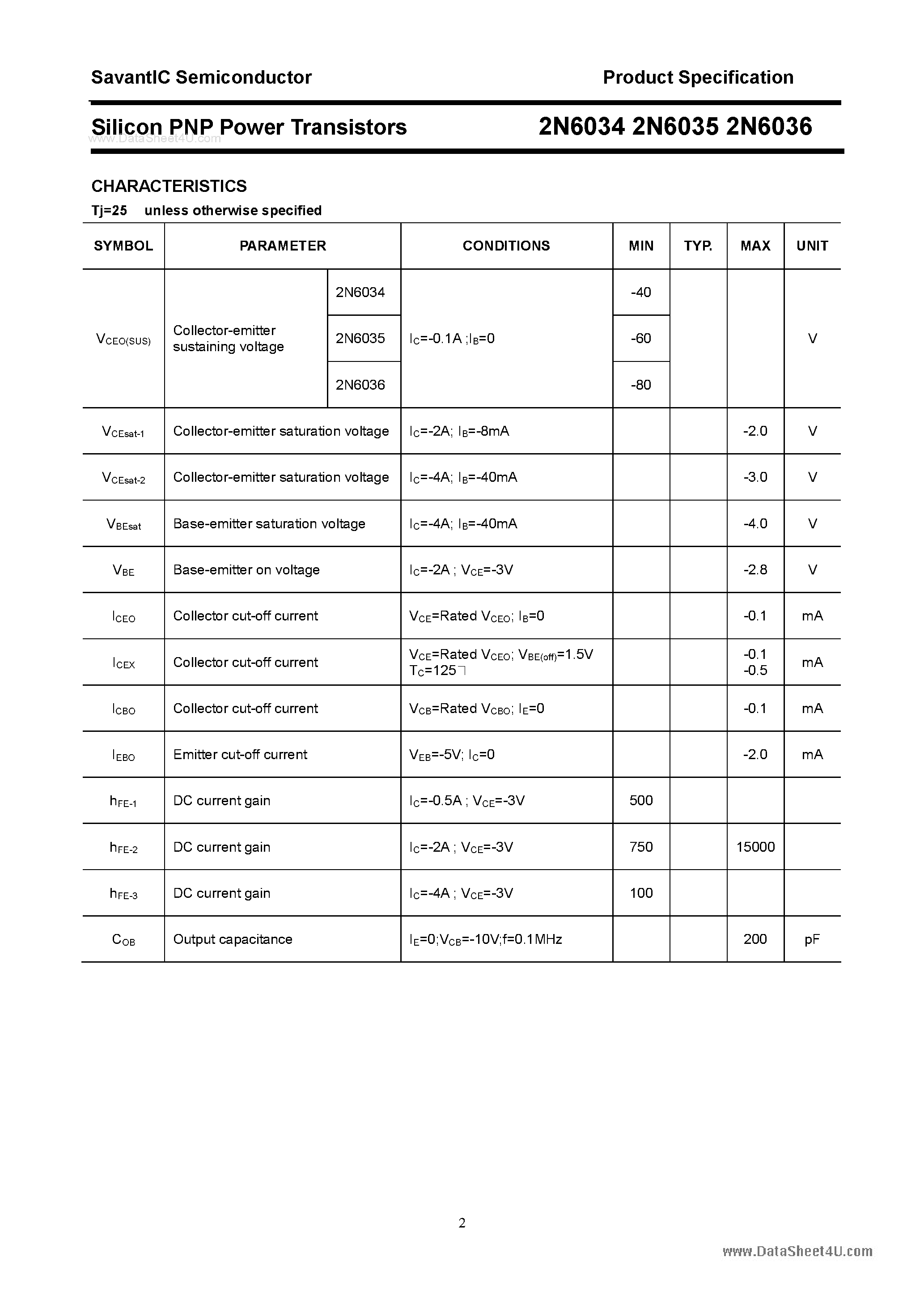Datasheet 2N6034 - (2N6034 - 2N6036) Silicon Power Transistor page 2