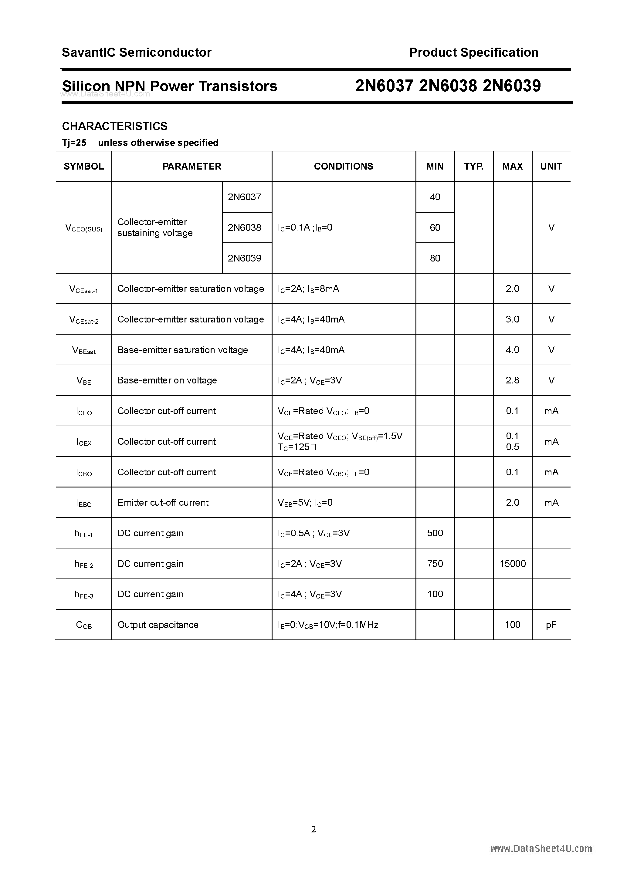 Datasheet 2N6037 - (2N6037 - 2N6039) Silicon Power Transistor page 2