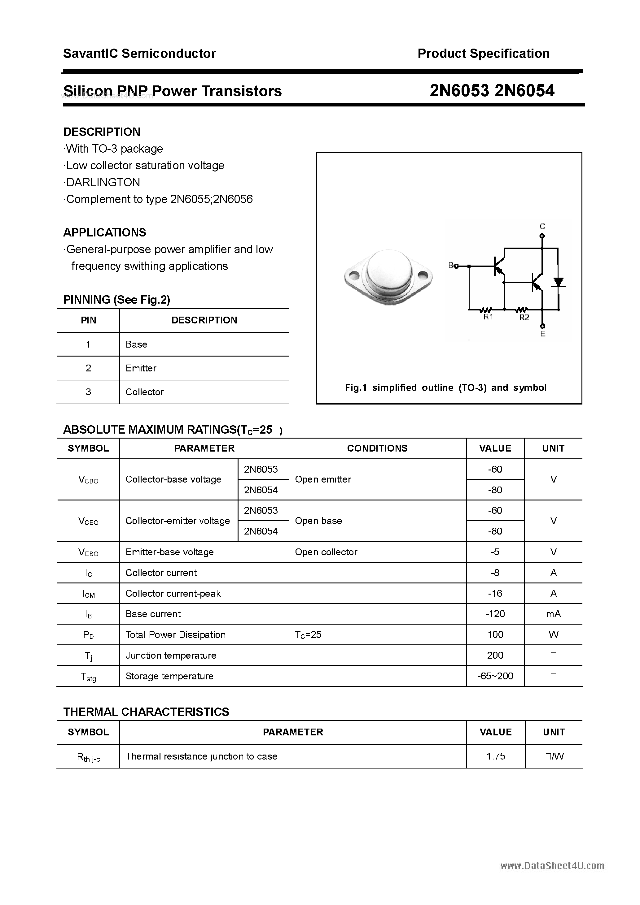 Datasheet 2N6053 - (2N6053 / 2N6054) Silicon Power Transistor page 1