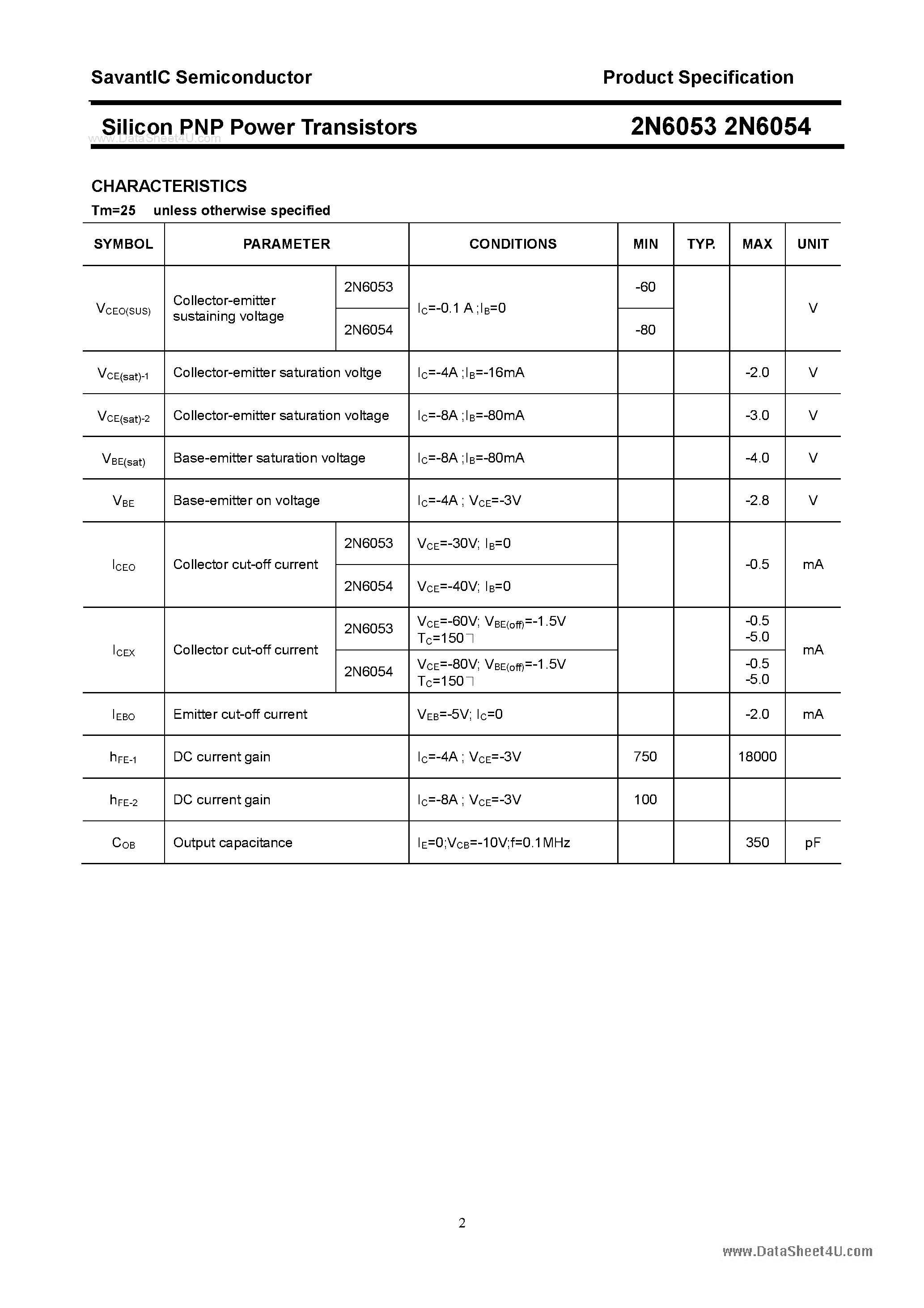 Datasheet 2N6053 - (2N6053 / 2N6054) Silicon Power Transistor page 2