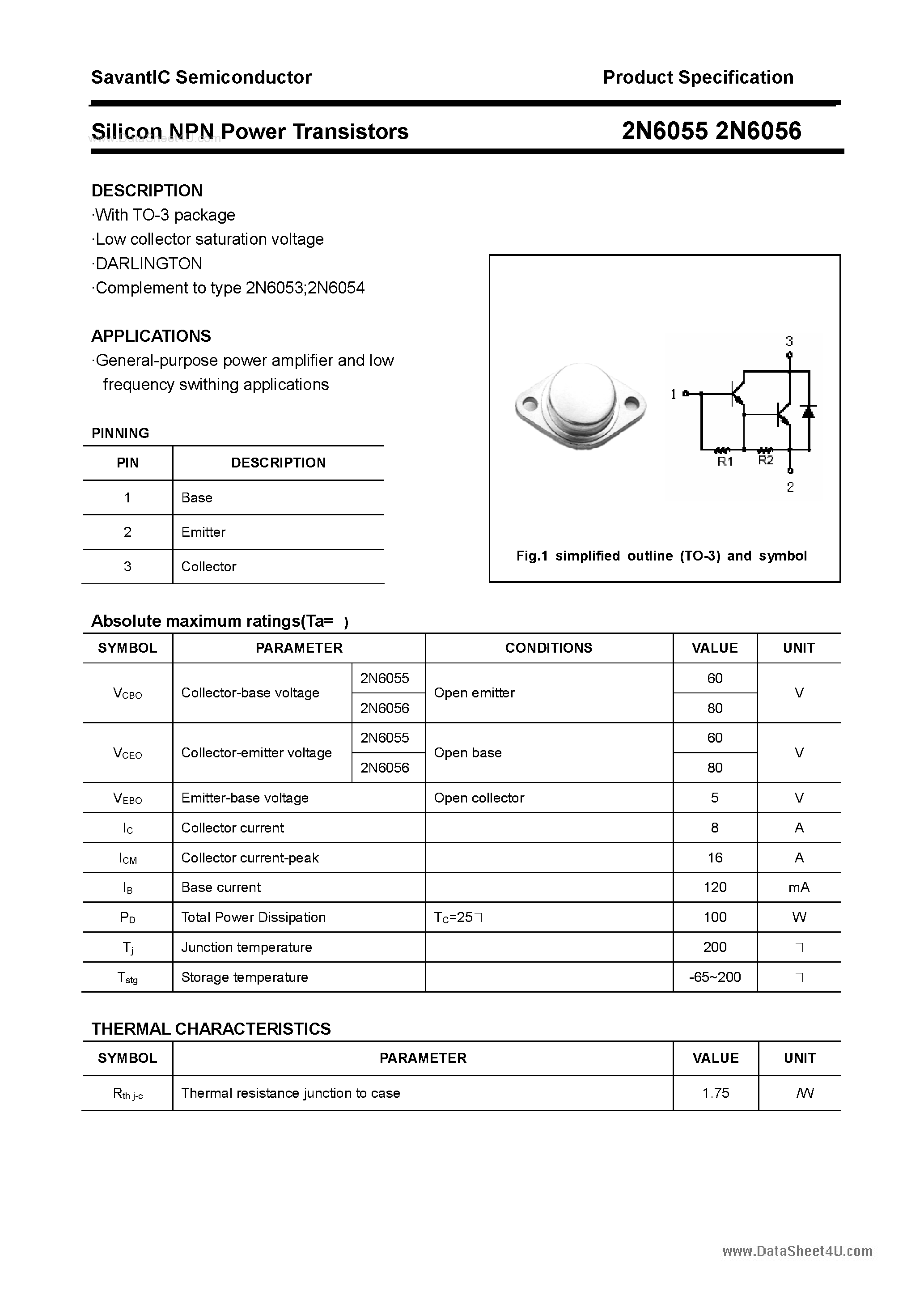 Datasheet 2N6055 - (2N6055 / 2N6056) Silicon Power Transistor page 1