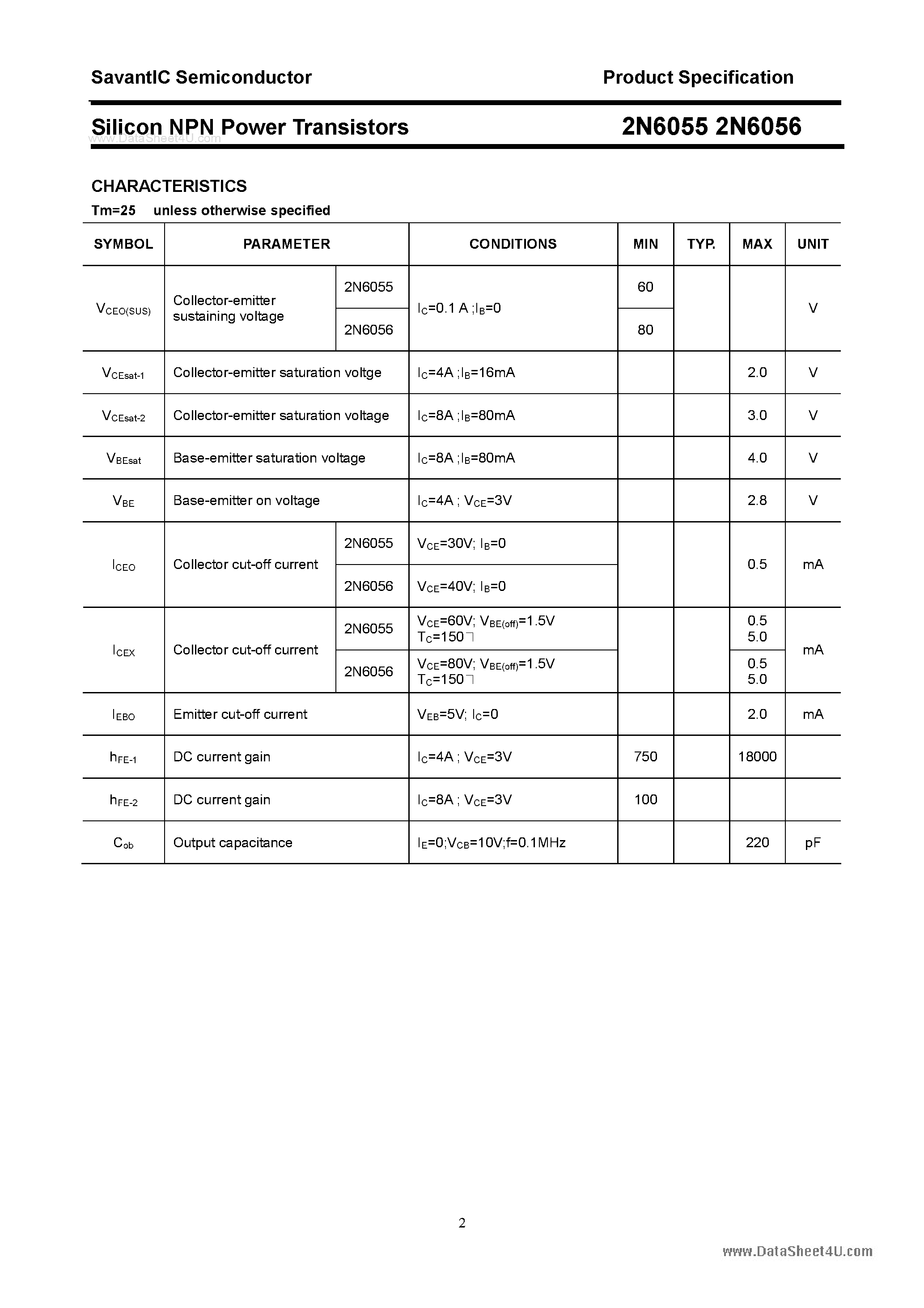 Datasheet 2N6055 - (2N6055 / 2N6056) Silicon Power Transistor page 2
