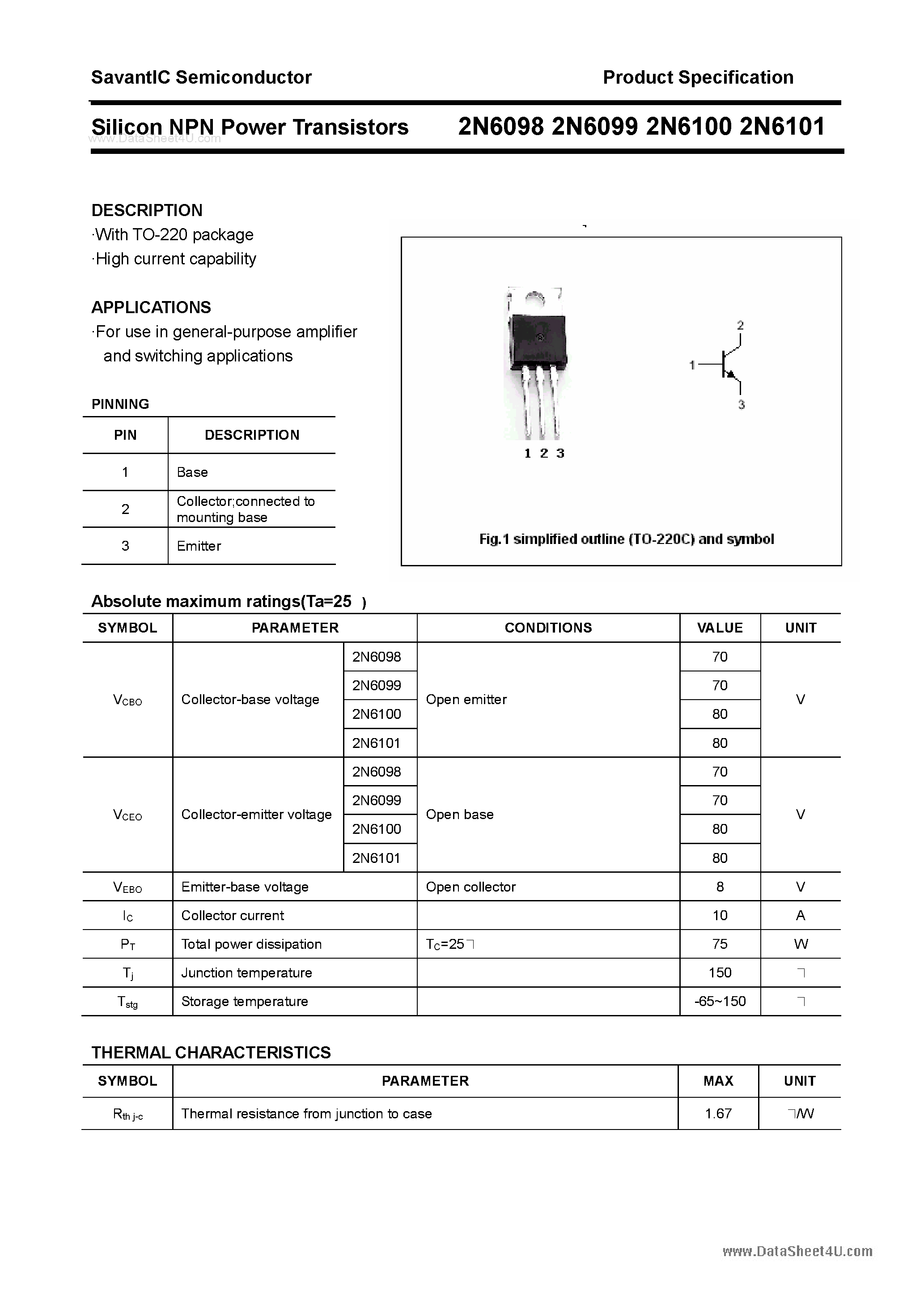 Datasheet 2N6098 - (2N6098 - 2N6101) Silicon Power Transistor page 1