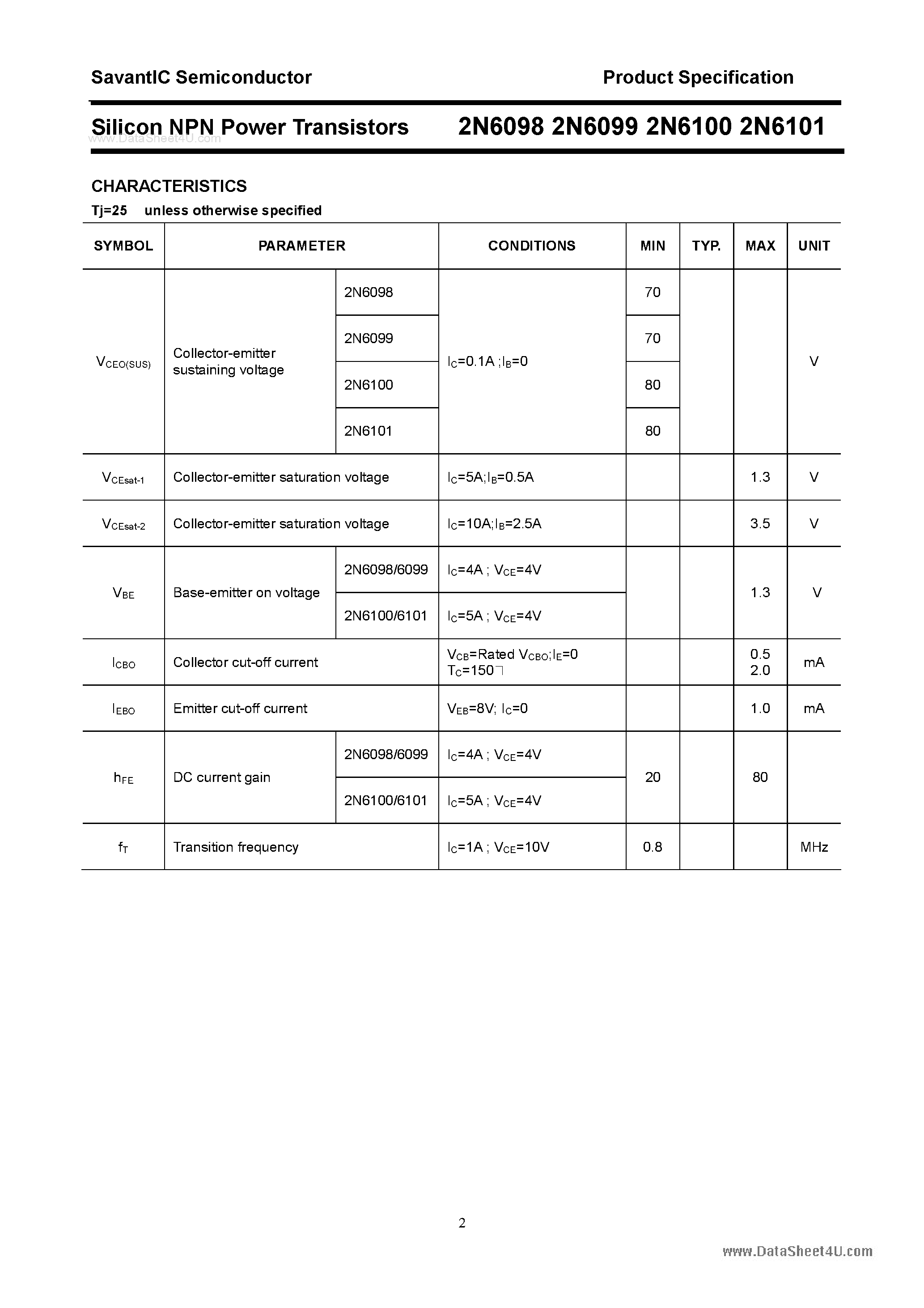 Datasheet 2N6098 - (2N6098 - 2N6101) Silicon Power Transistor page 2