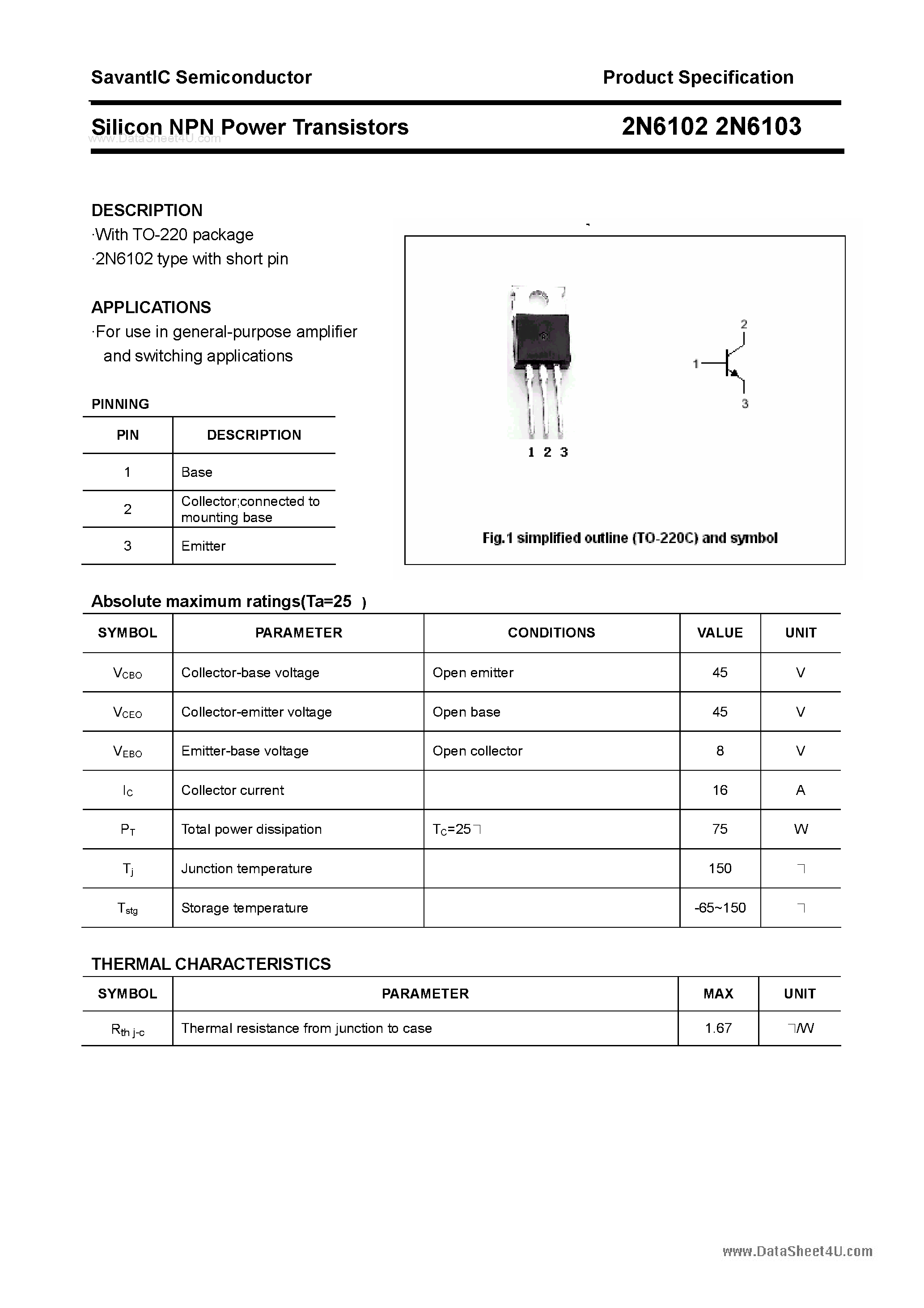 Datasheet 2N6102 - (2N6102 / 2N6103) Silicon Power Transistor page 1