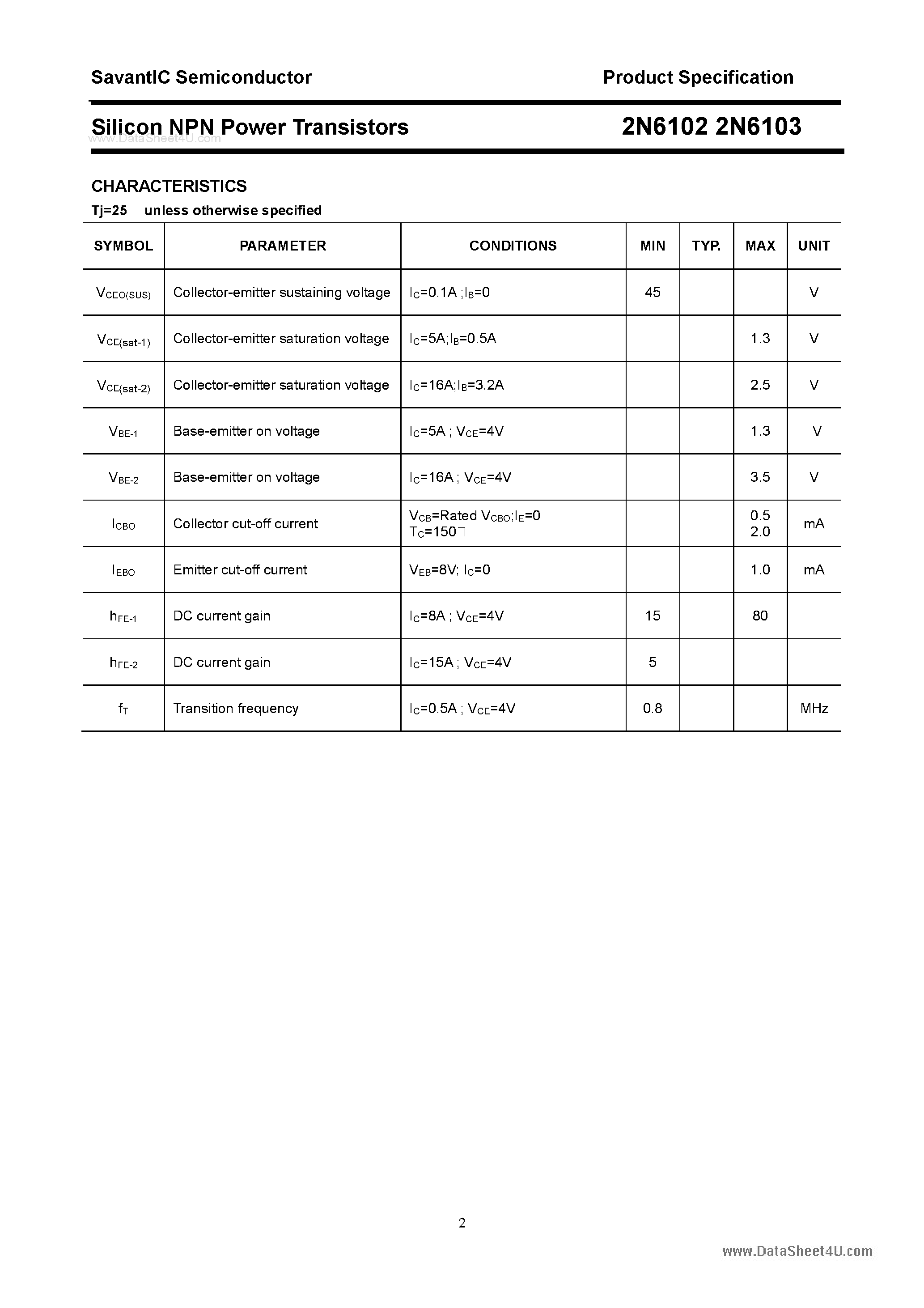 Datasheet 2N6102 - (2N6102 / 2N6103) Silicon Power Transistor page 2