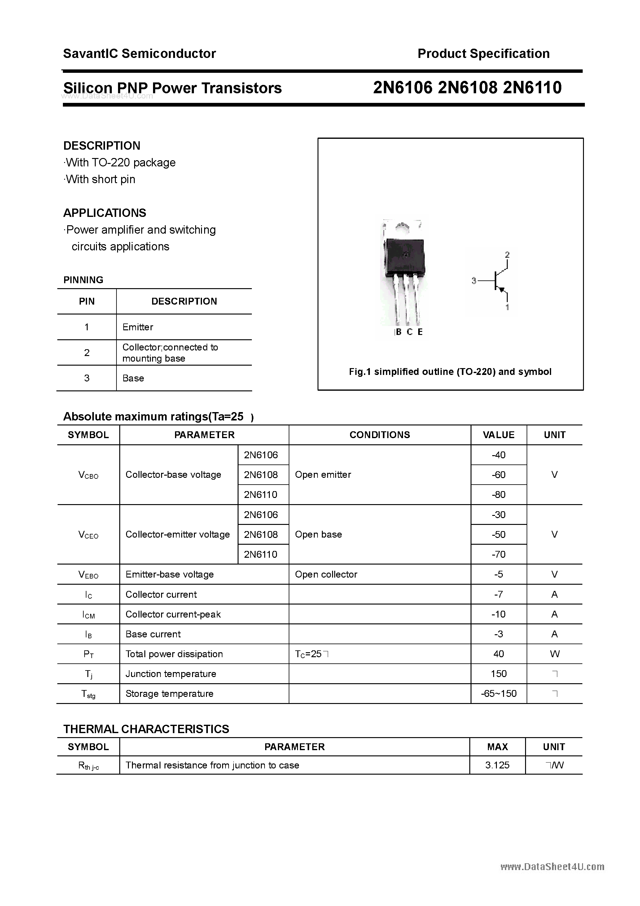 Datasheet 2N6106 - (2N6106 - 2N6110) Silicon Power Transistor page 1