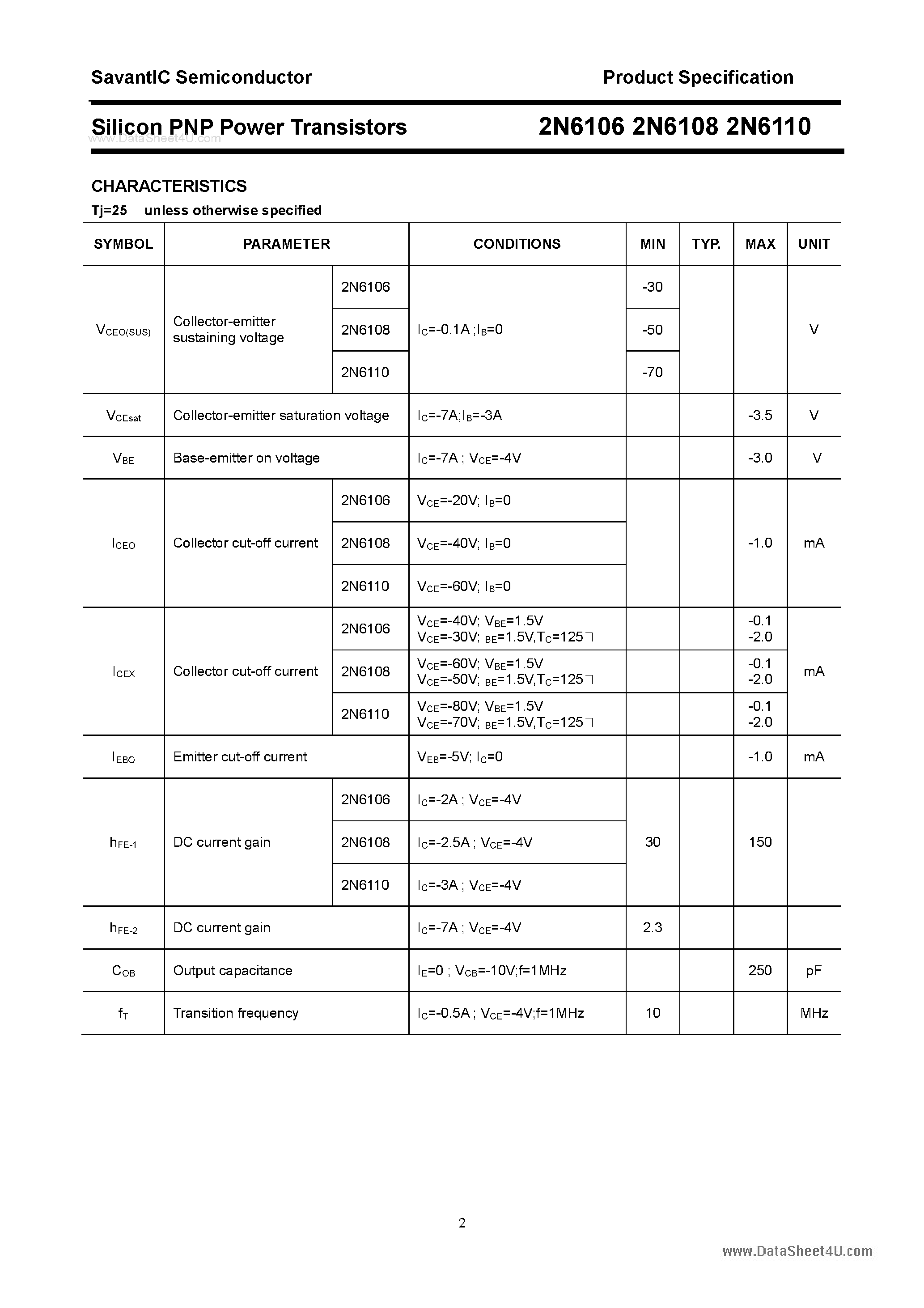 Datasheet 2N6106 - (2N6106 - 2N6110) Silicon Power Transistor page 2