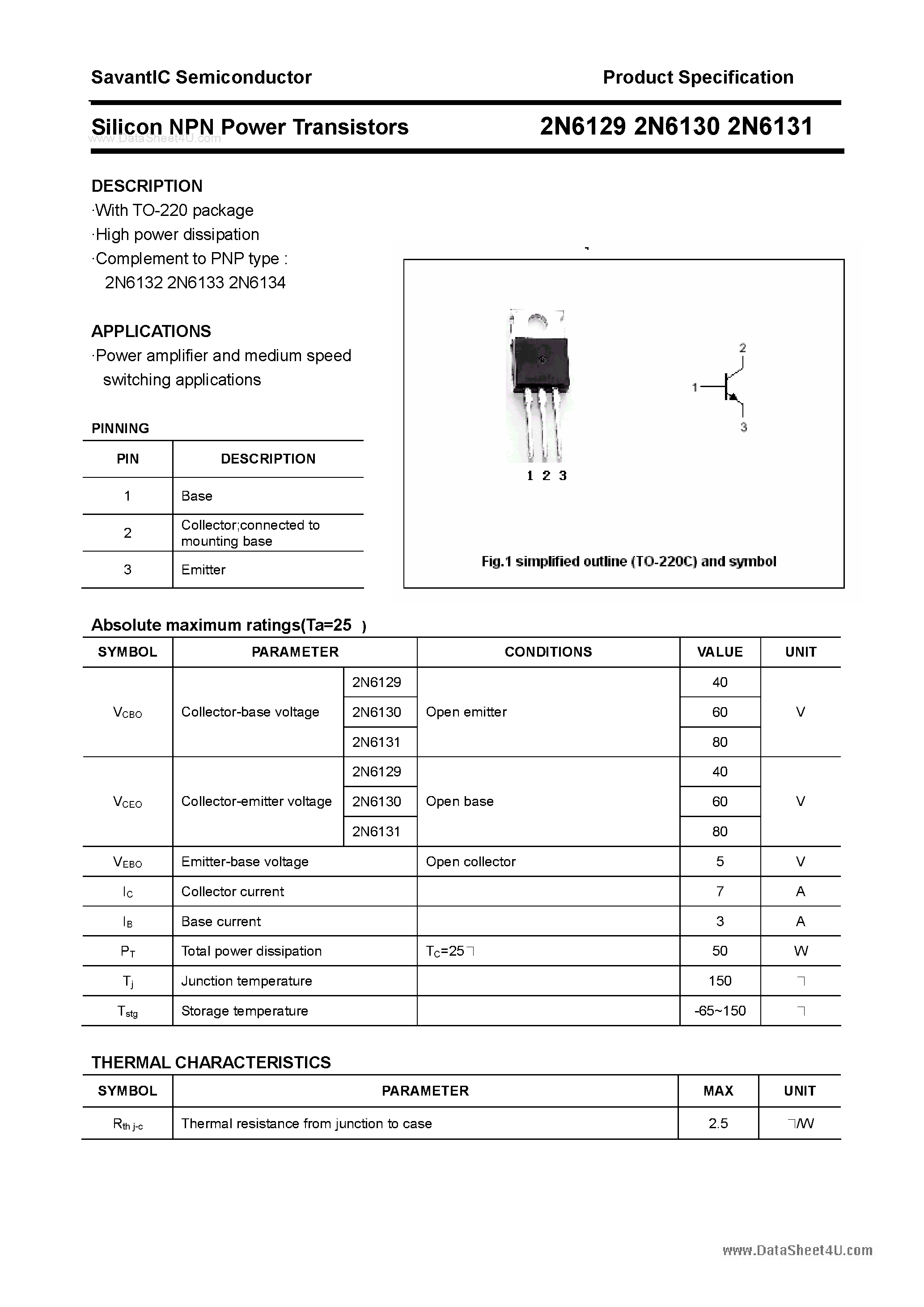 Datasheet 2N6129 - (2N6129 - 2N6131) Silicon Power Transistor page 1