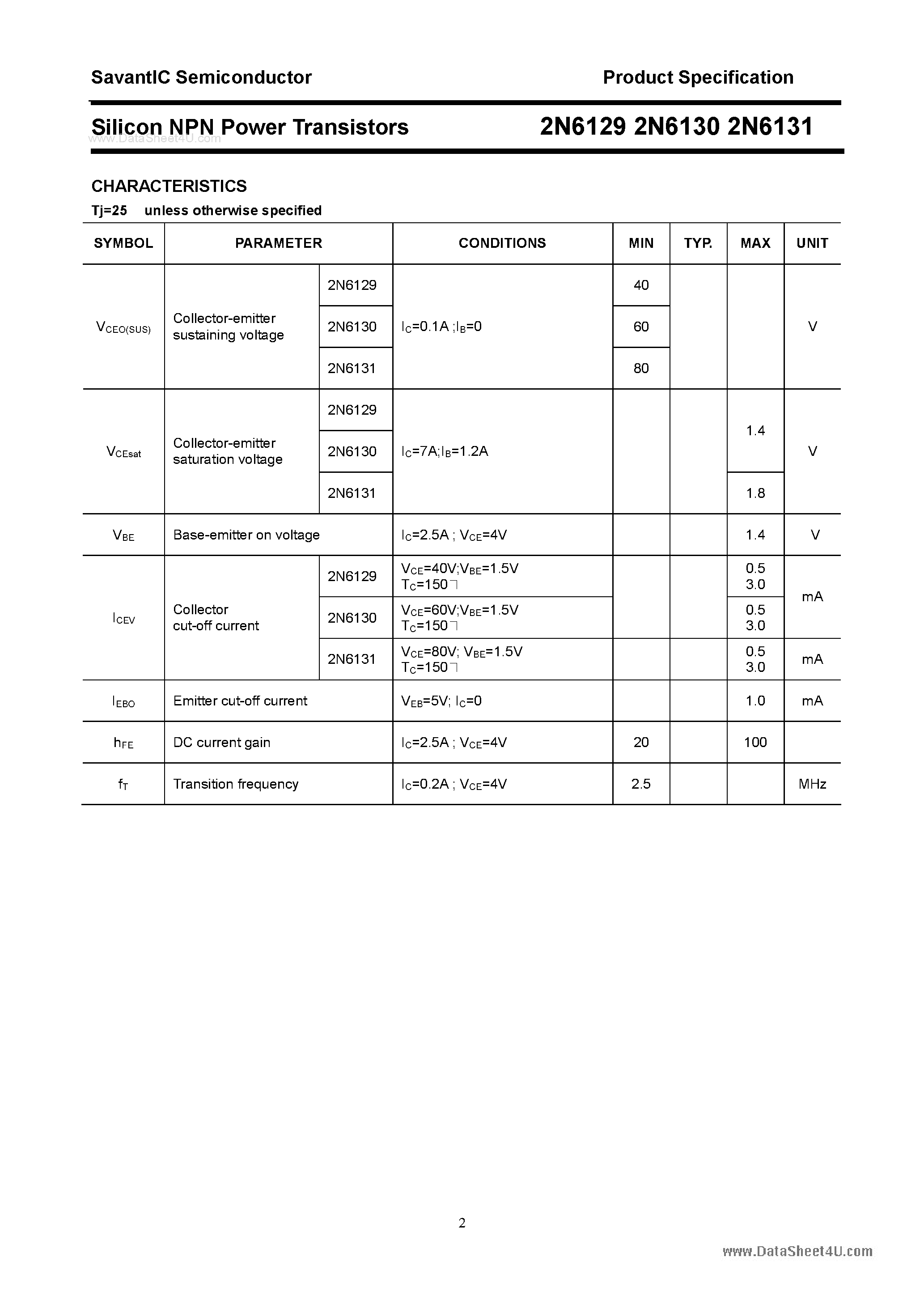 Datasheet 2N6129 - (2N6129 - 2N6131) Silicon Power Transistor page 2