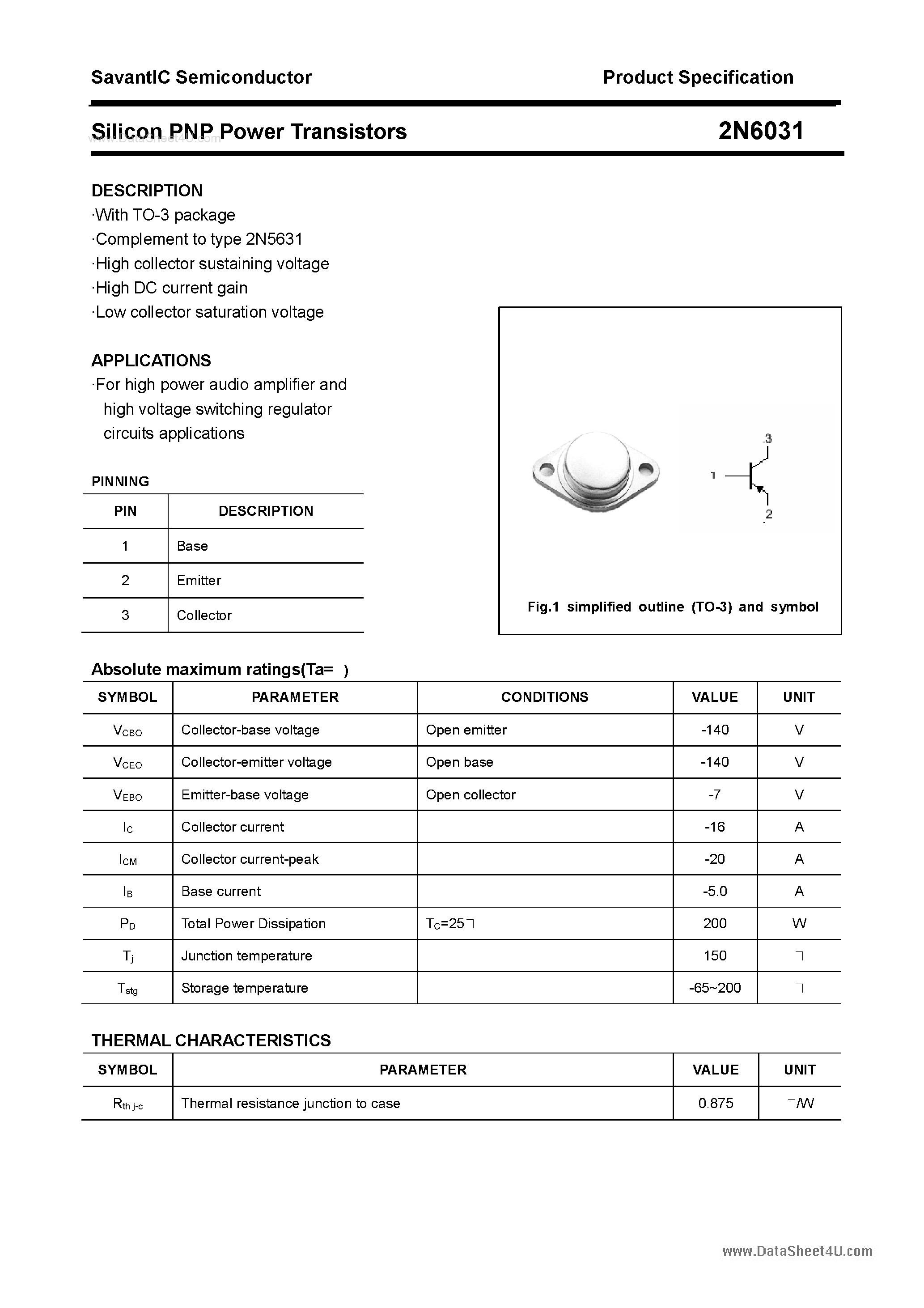 Datasheet 2N6031 - Silicon Power Transistor page 1