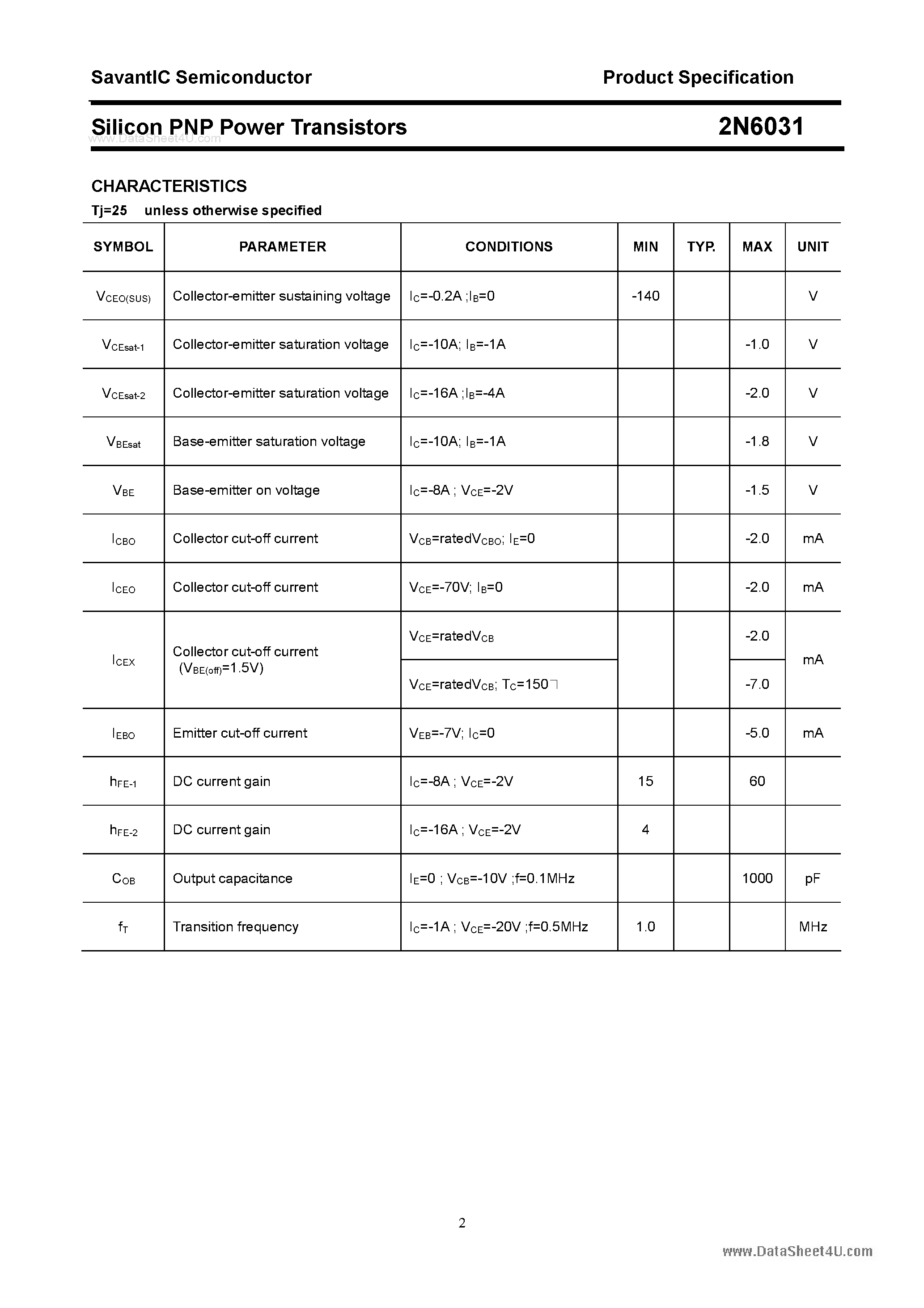 Datasheet 2N6031 - Silicon Power Transistor page 2