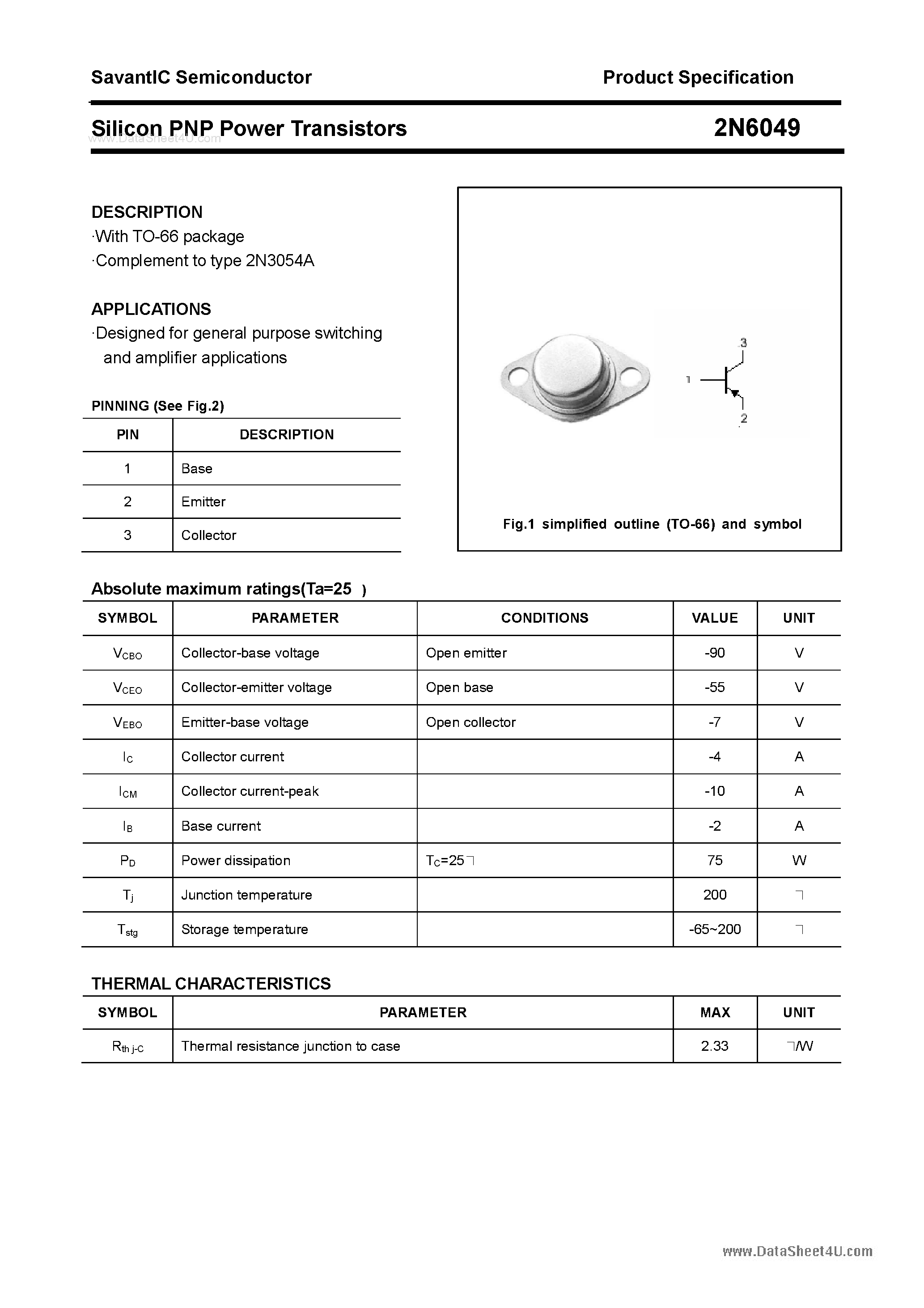 Datasheet 2N6049 - Silicon Power Transistor page 1