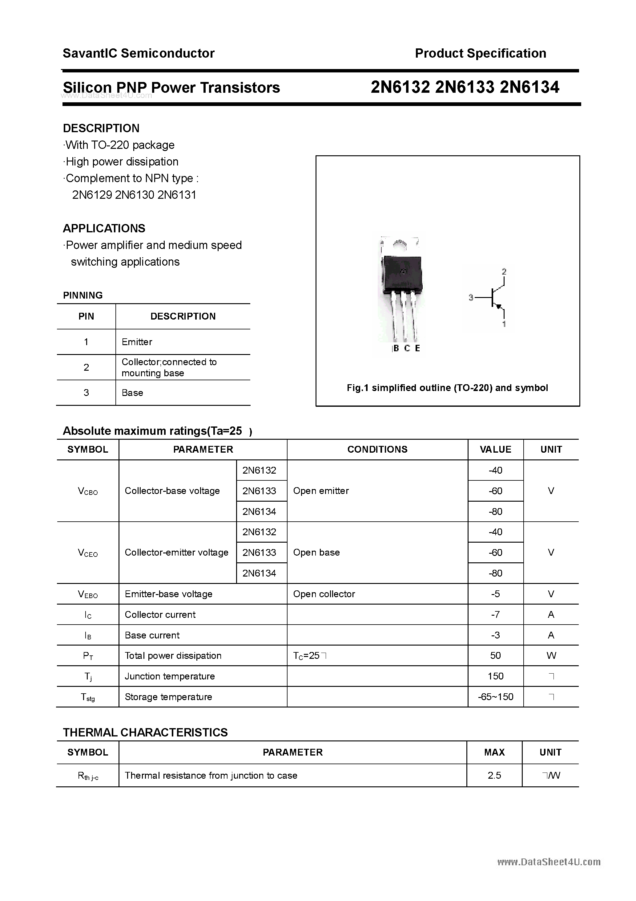 Datasheet 2N6132 - (2N6132 - 2N6134) Silicon Power Transistor page 1
