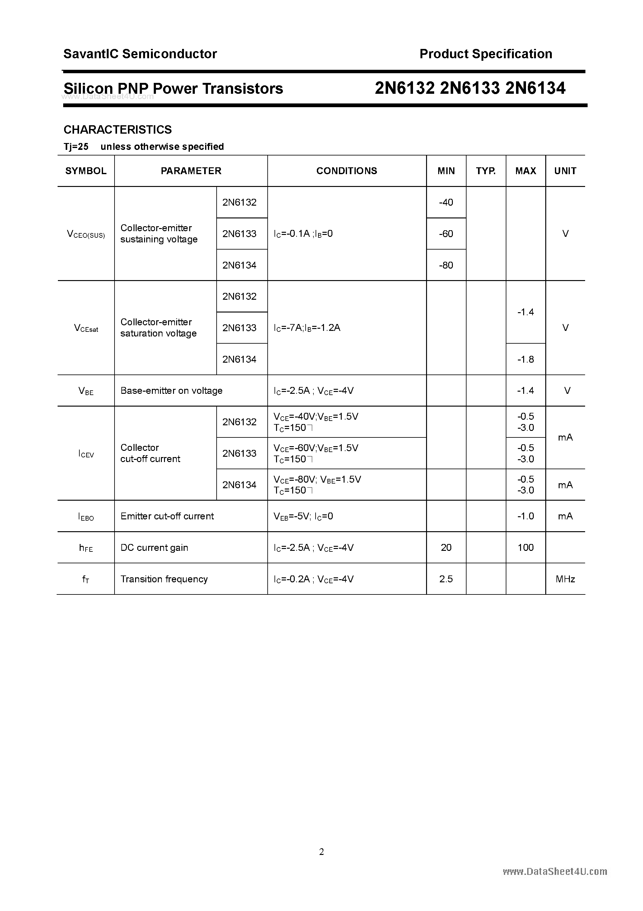 Datasheet 2N6132 - (2N6132 - 2N6134) Silicon Power Transistor page 2