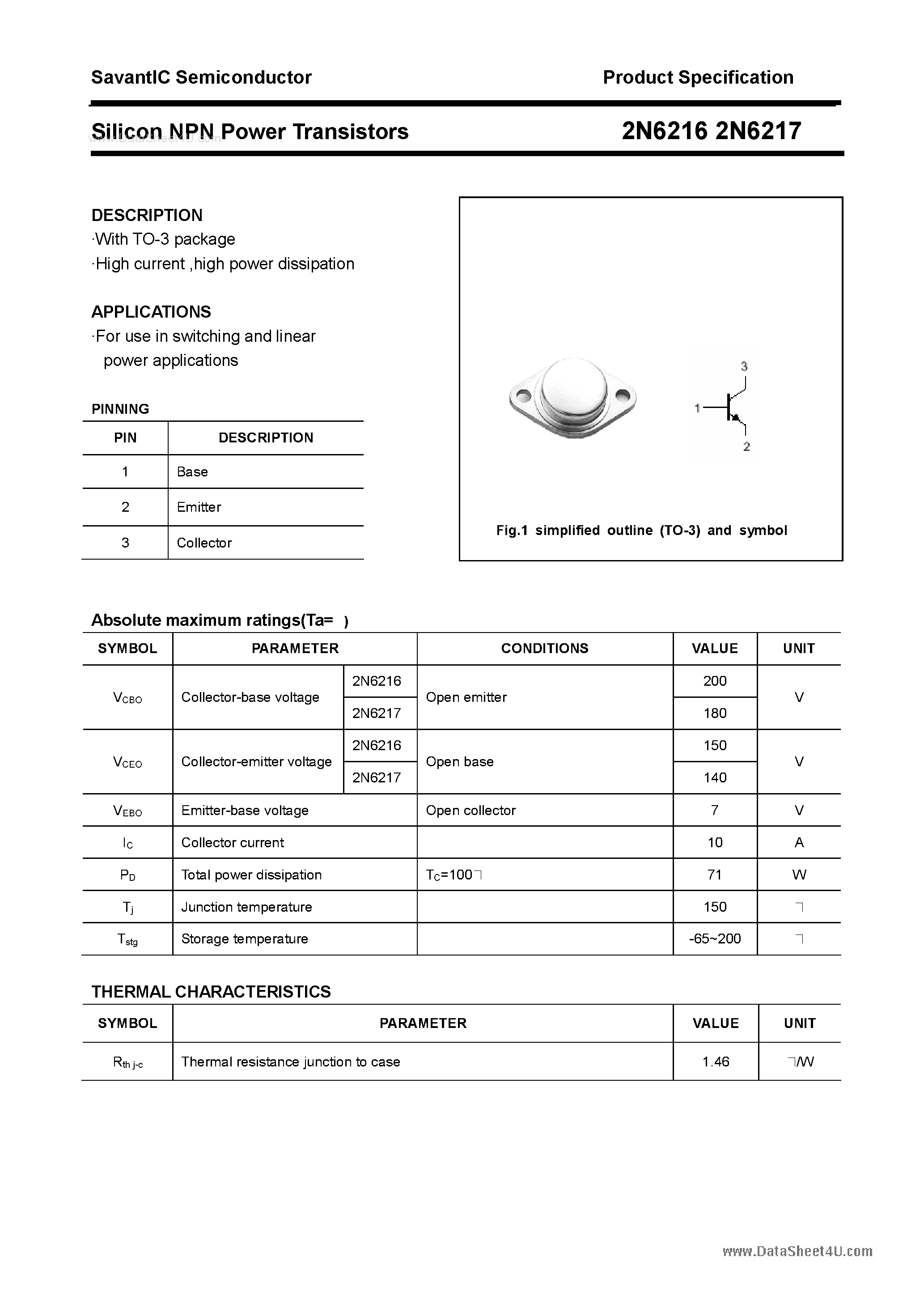 Datasheet 2N6216 - (2N6216 / 2N6217) Silicon Power Transistor page 1