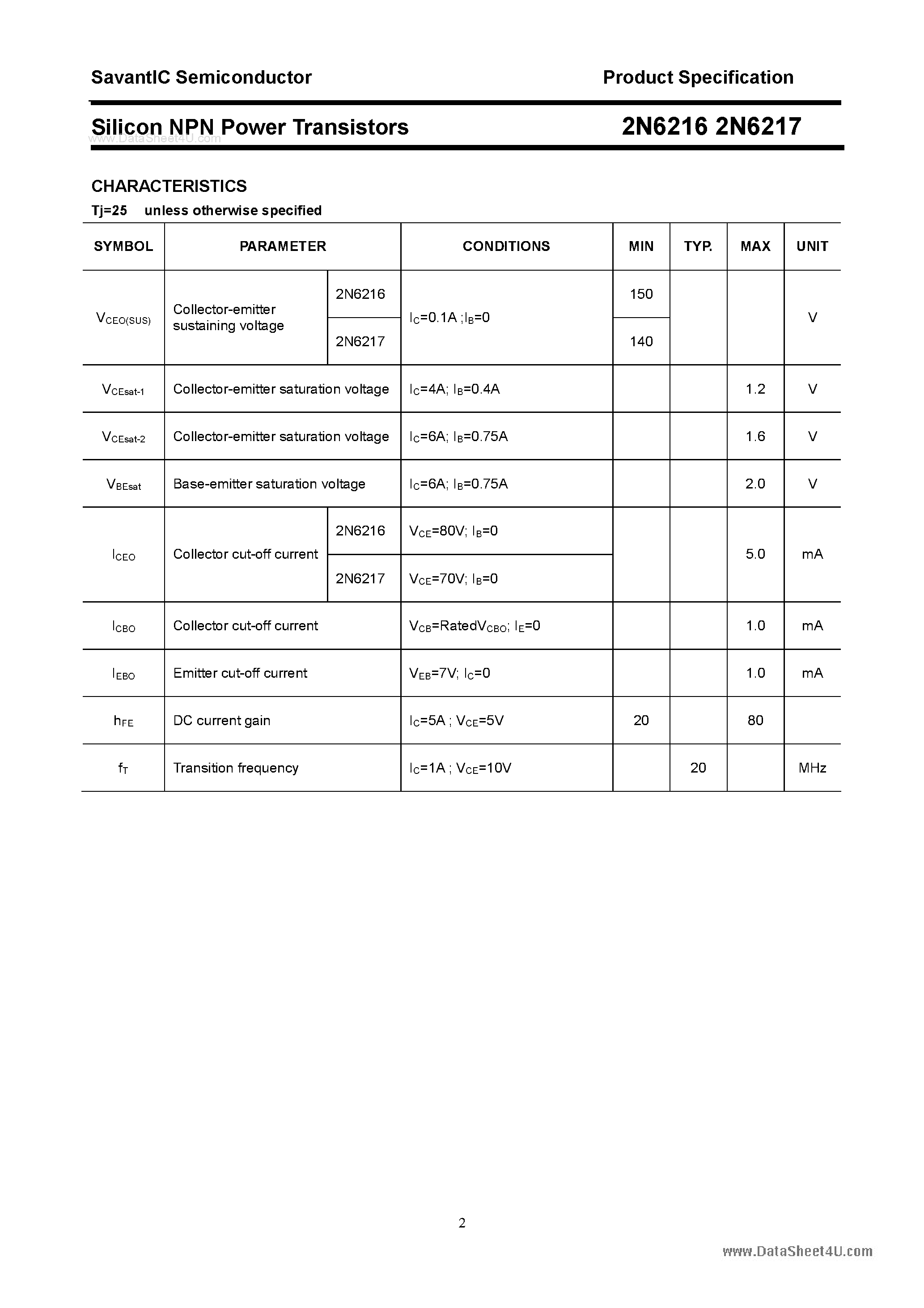 Datasheet 2N6216 - (2N6216 / 2N6217) Silicon Power Transistor page 2