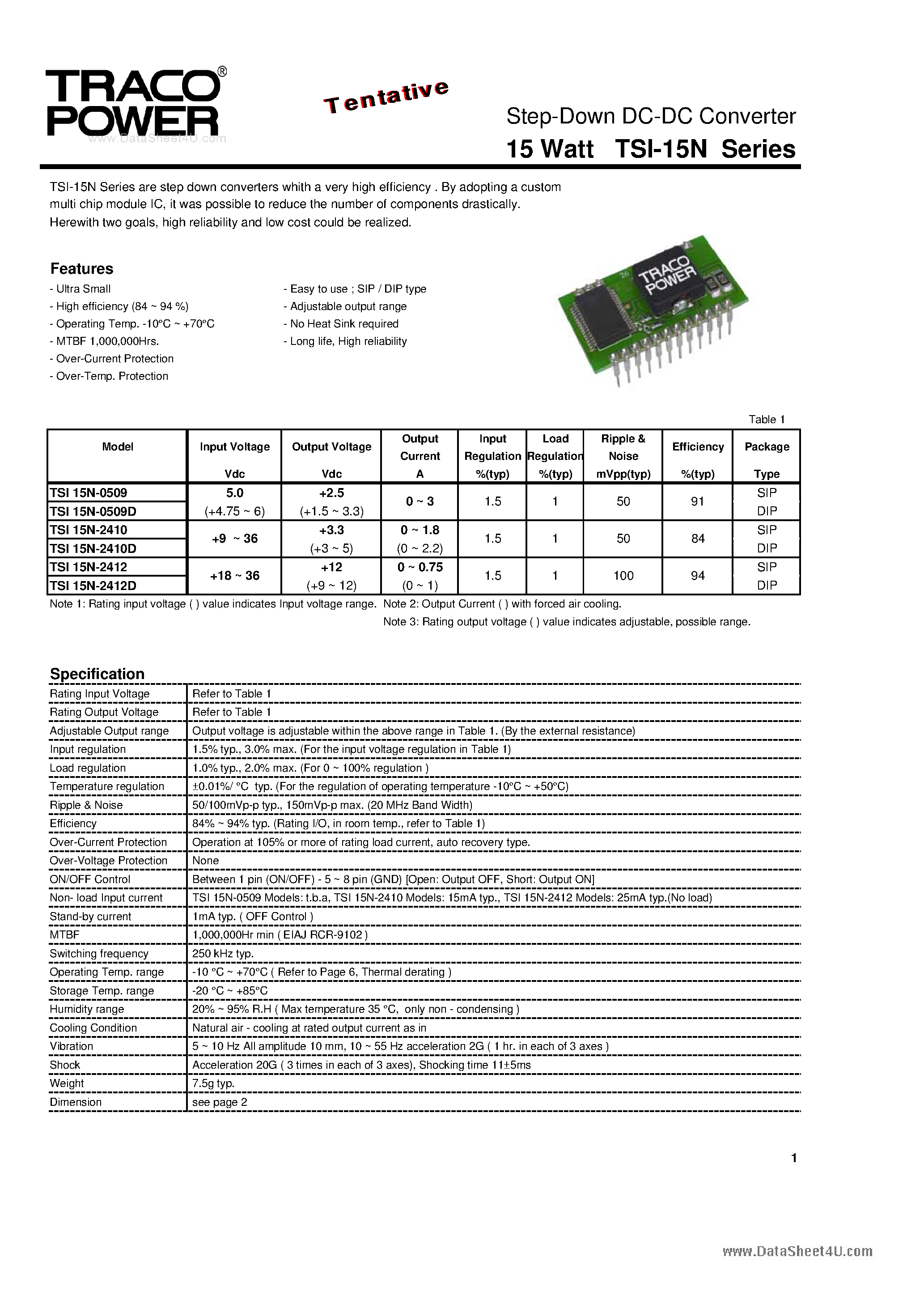 Datasheet TSI-15N page 1 Datasheet TSI-15N - Step-Down DC-DC Converter page 1