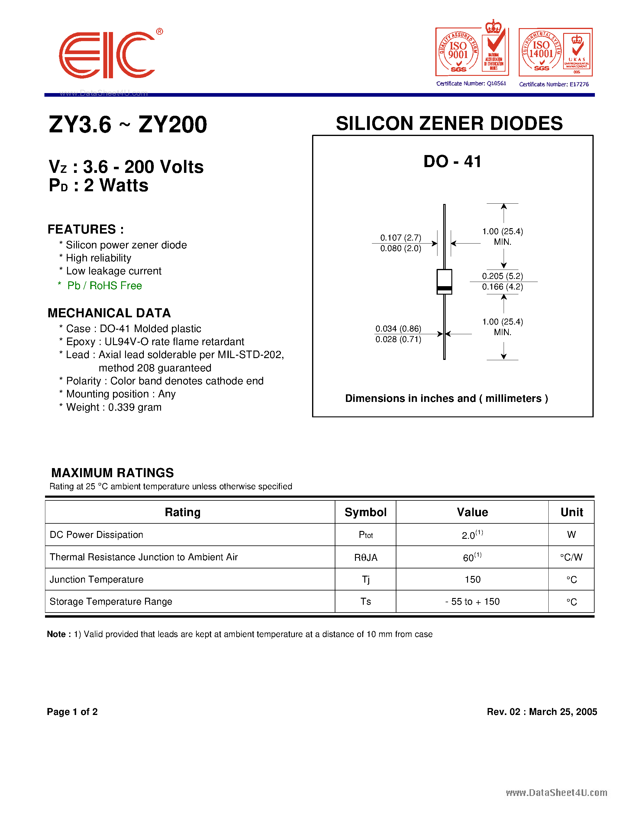 Datasheet ZY7.5 page 1 Datasheet ZY7.5 - SILICON ZENER DIODES page 1