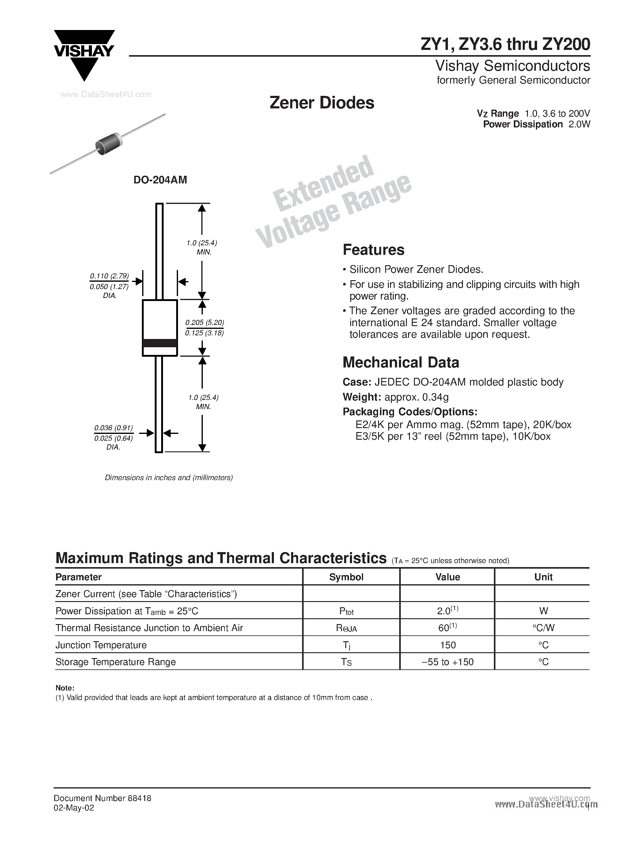 Datasheet ZY7.5 page 1 Datasheet ZY7.5 - Zener Diodes page 1