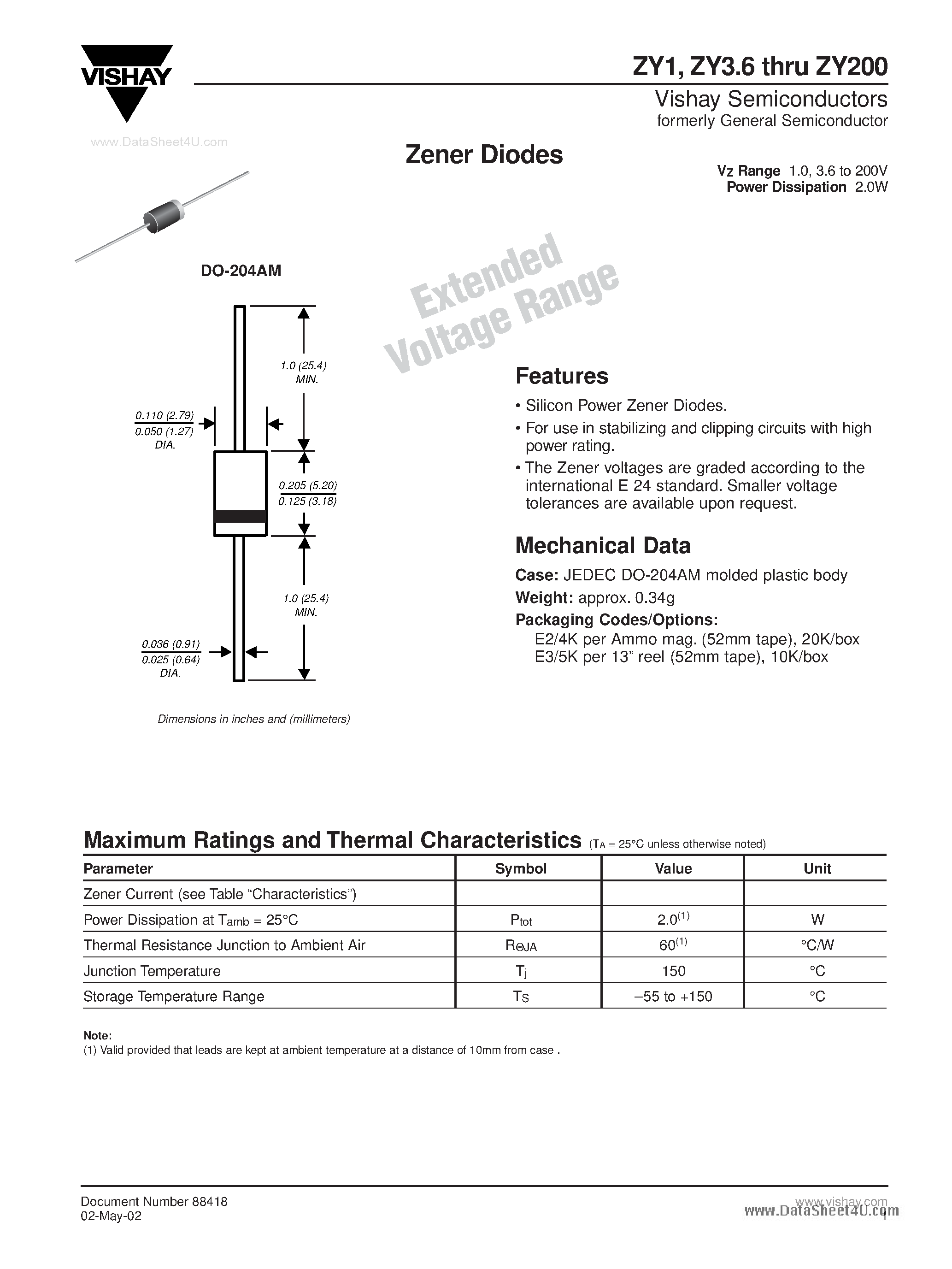Datasheet ZY7.5 - Zener Diodes page 1