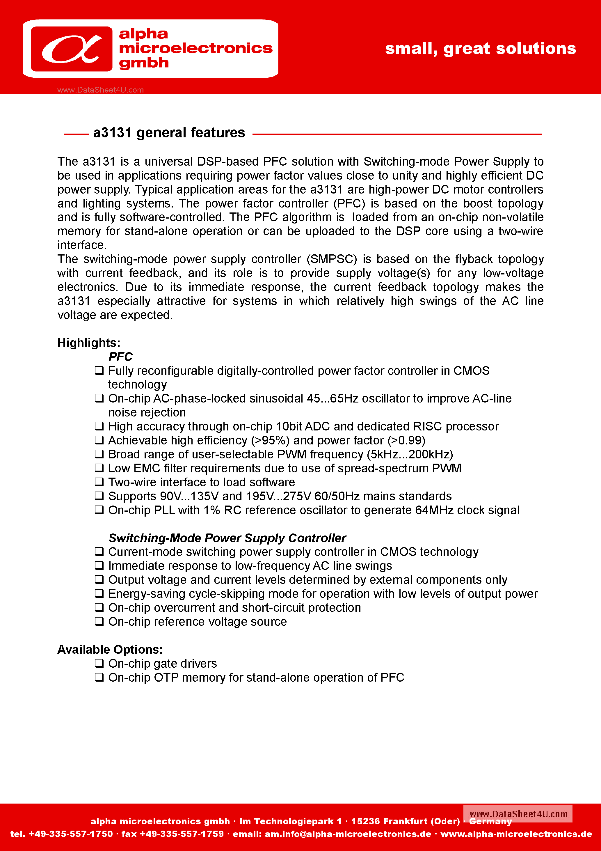 Даташит на микросхему A3131 страница 1 Даташит A3131 - Universal DSP-Based PFC Solution страница 1