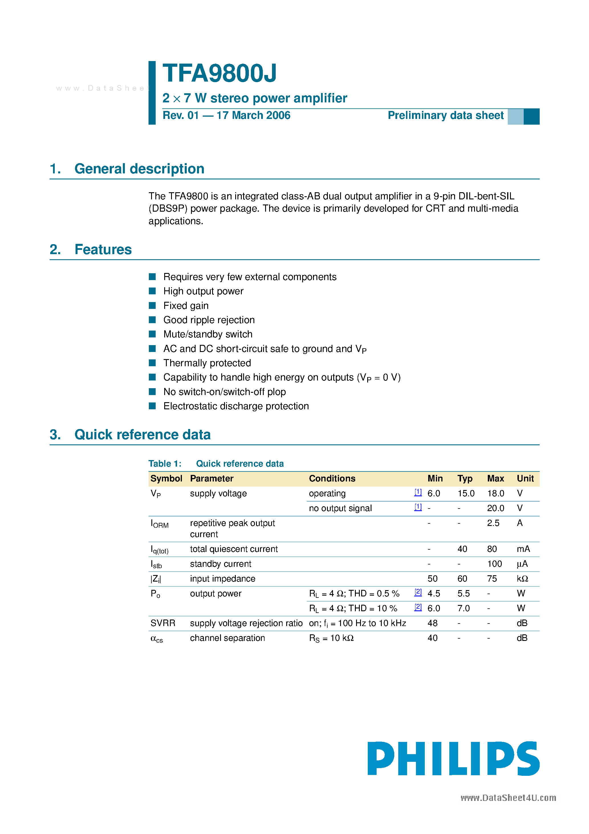 Даташит TFA9800J - 2 x 7 W stereo power amplifier страница 1