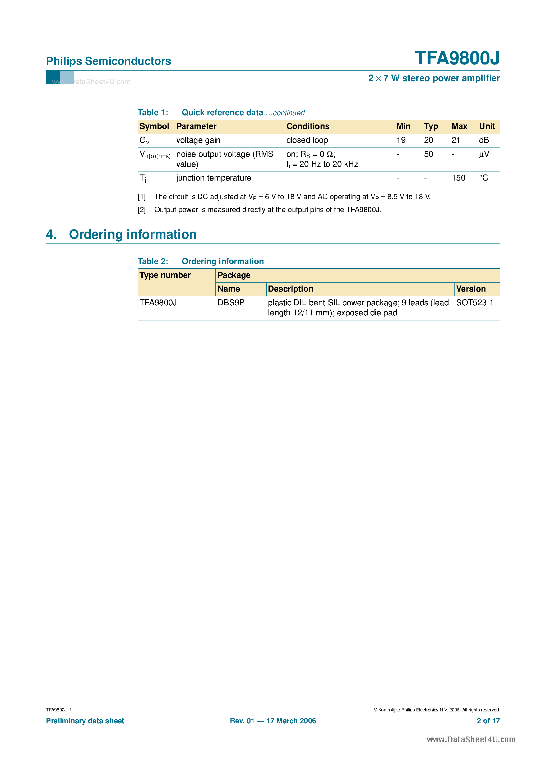 Даташит TFA9800J - 2 x 7 W stereo power amplifier страница 2