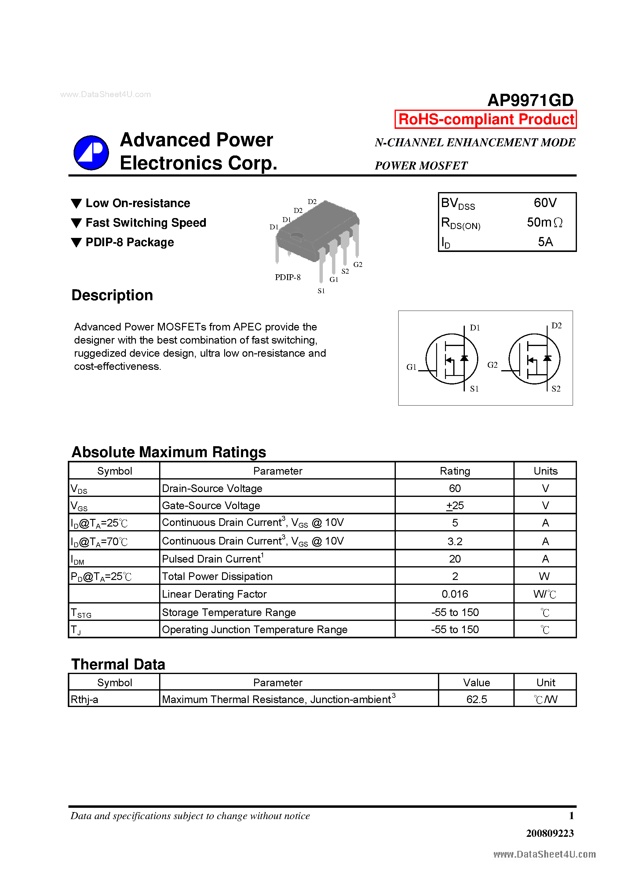 Datasheet AP9971GD - N-CHANNEL ENHANCEMENT MODE POWER MOSFET page 1