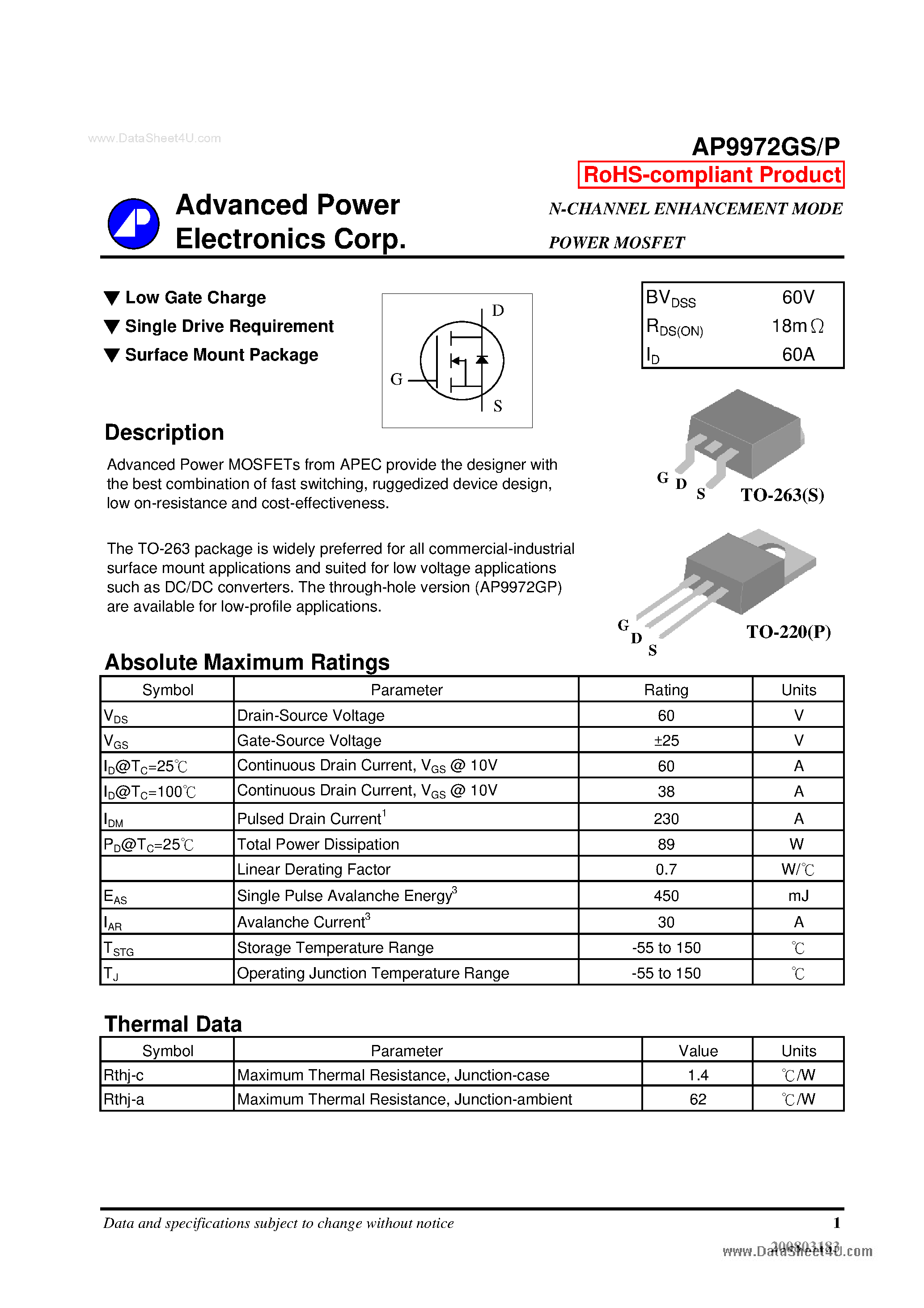 Datasheet AP9972GP - N-CHANNEL ENHANCEMENT MODE POWER MOSFET page 1