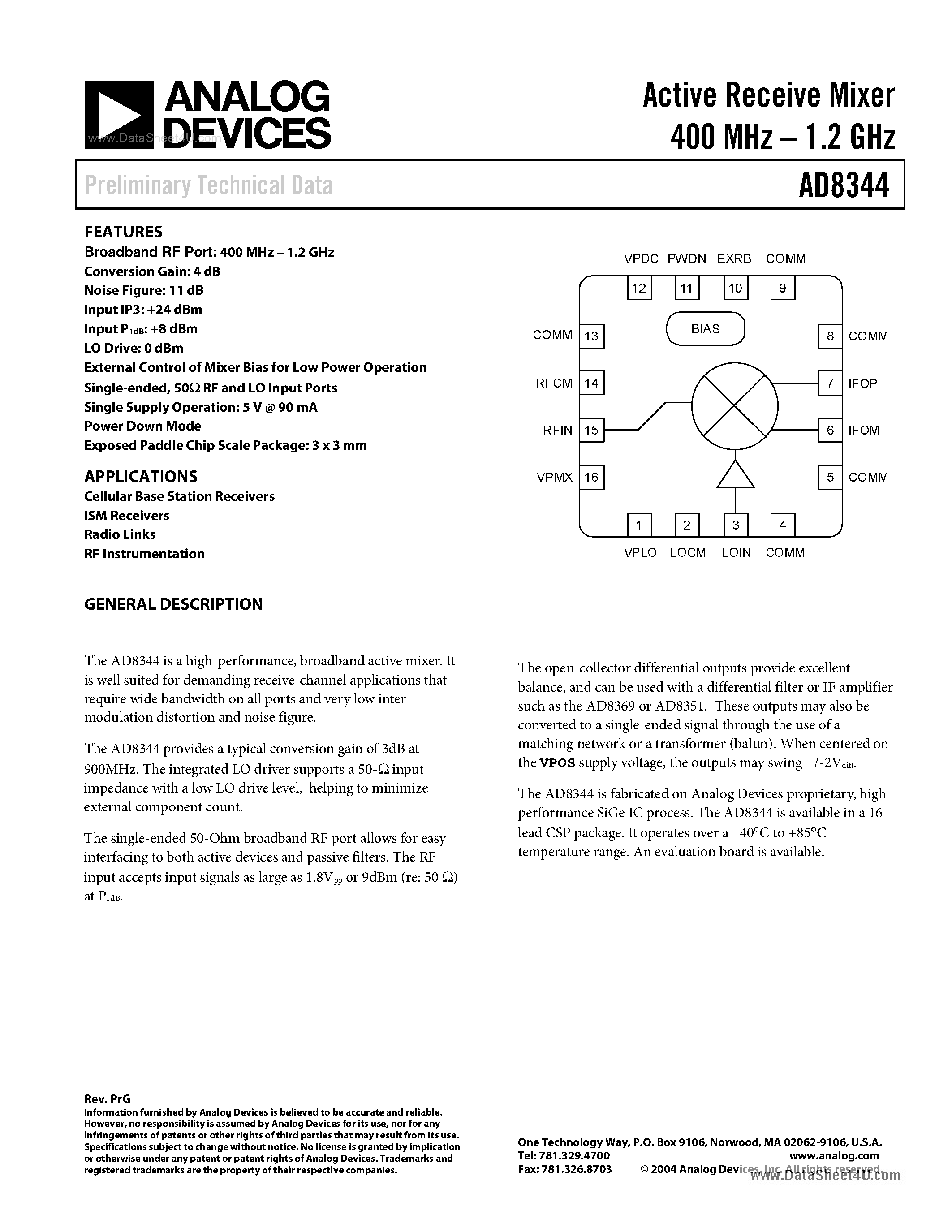 Даташит на микросхему AD8344 страница 1 Даташит AD8344 - 400MHz to 1.2GHz Active Receive Mixer страница 1