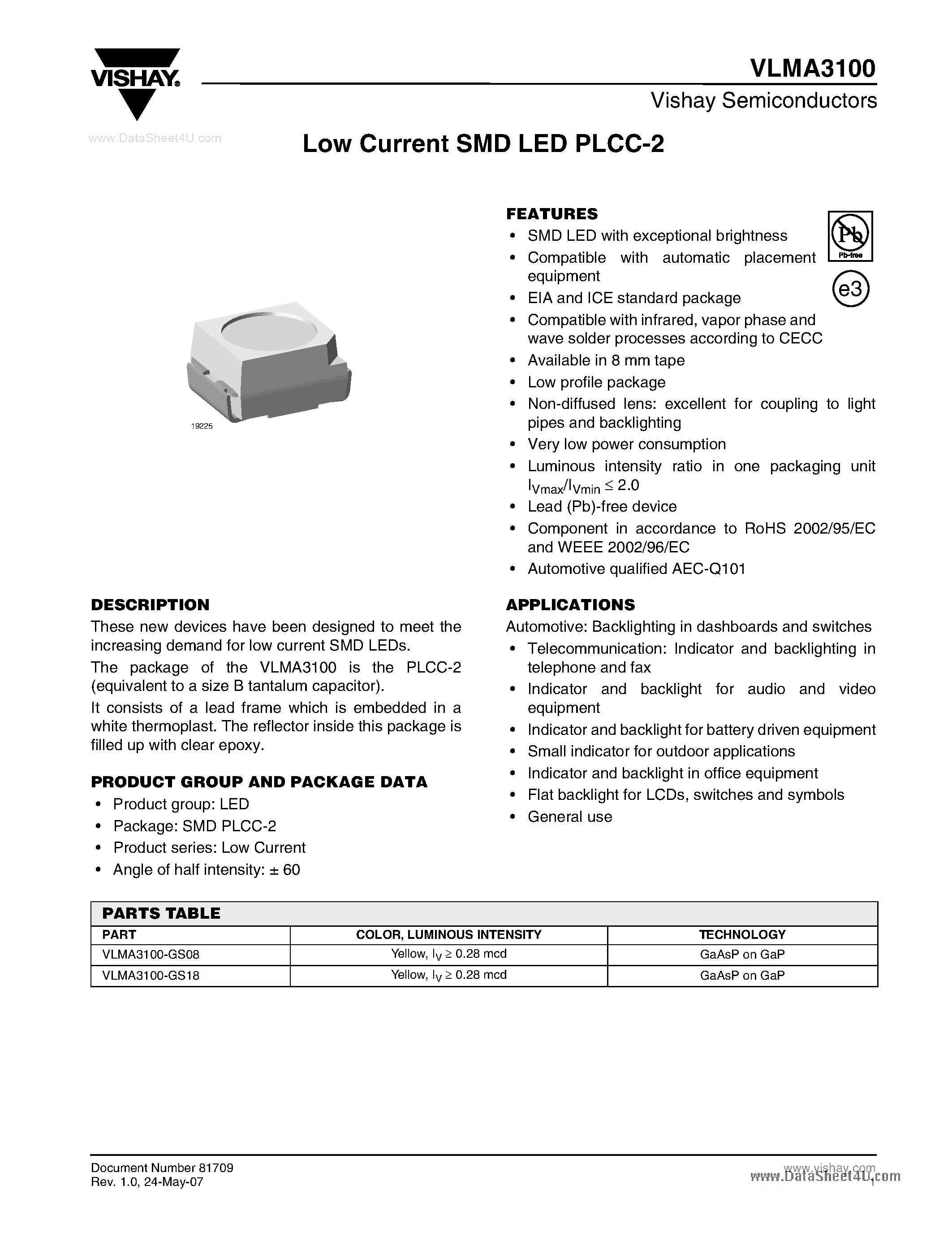 Datasheet VLMA3100 - Low Current SMD LED PLCC-2 page 1