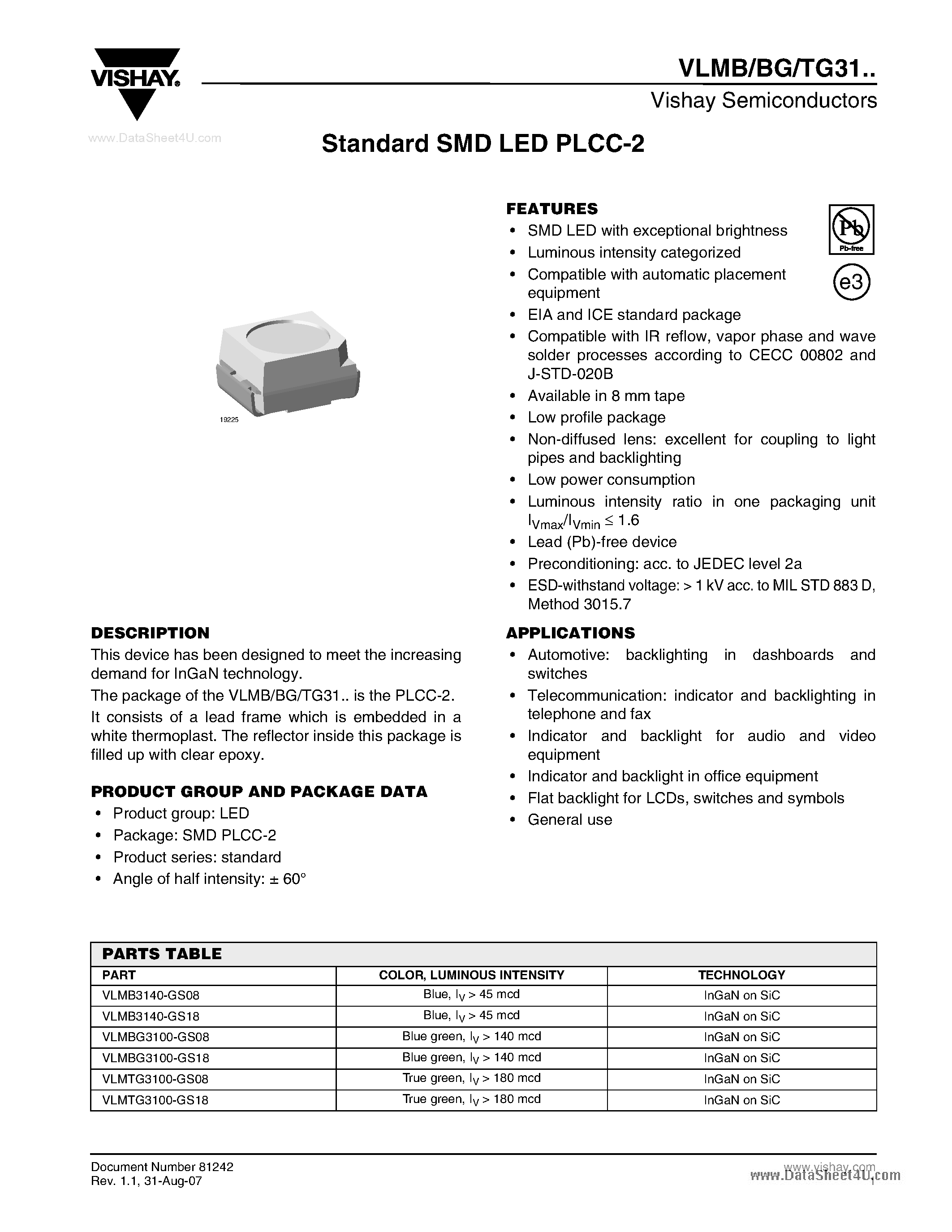 Datasheet VLMB31 page 1 Datasheet VLMB31 - Standard SMD LED PLCC-2 page 1