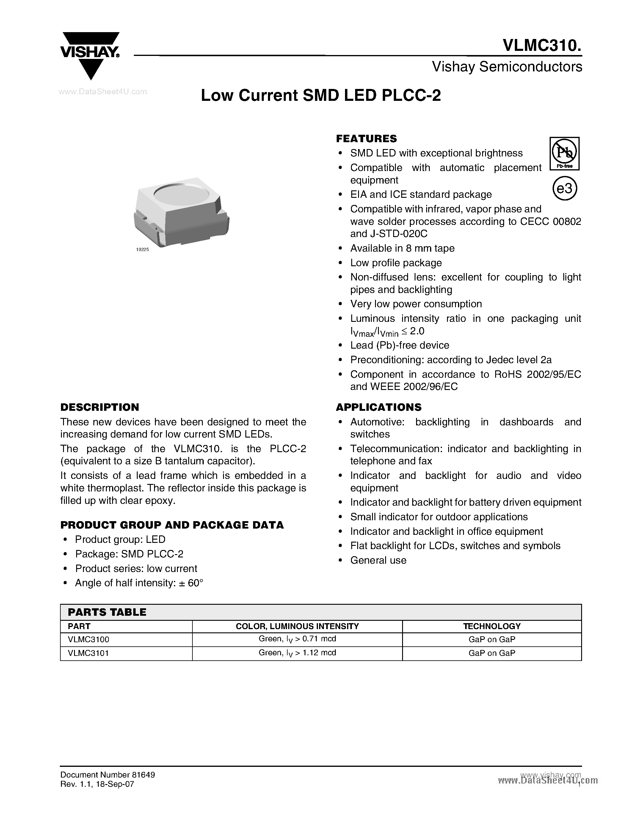 Datasheet VLMC310 - Low Current SMD LED PLCC-2 page 1
