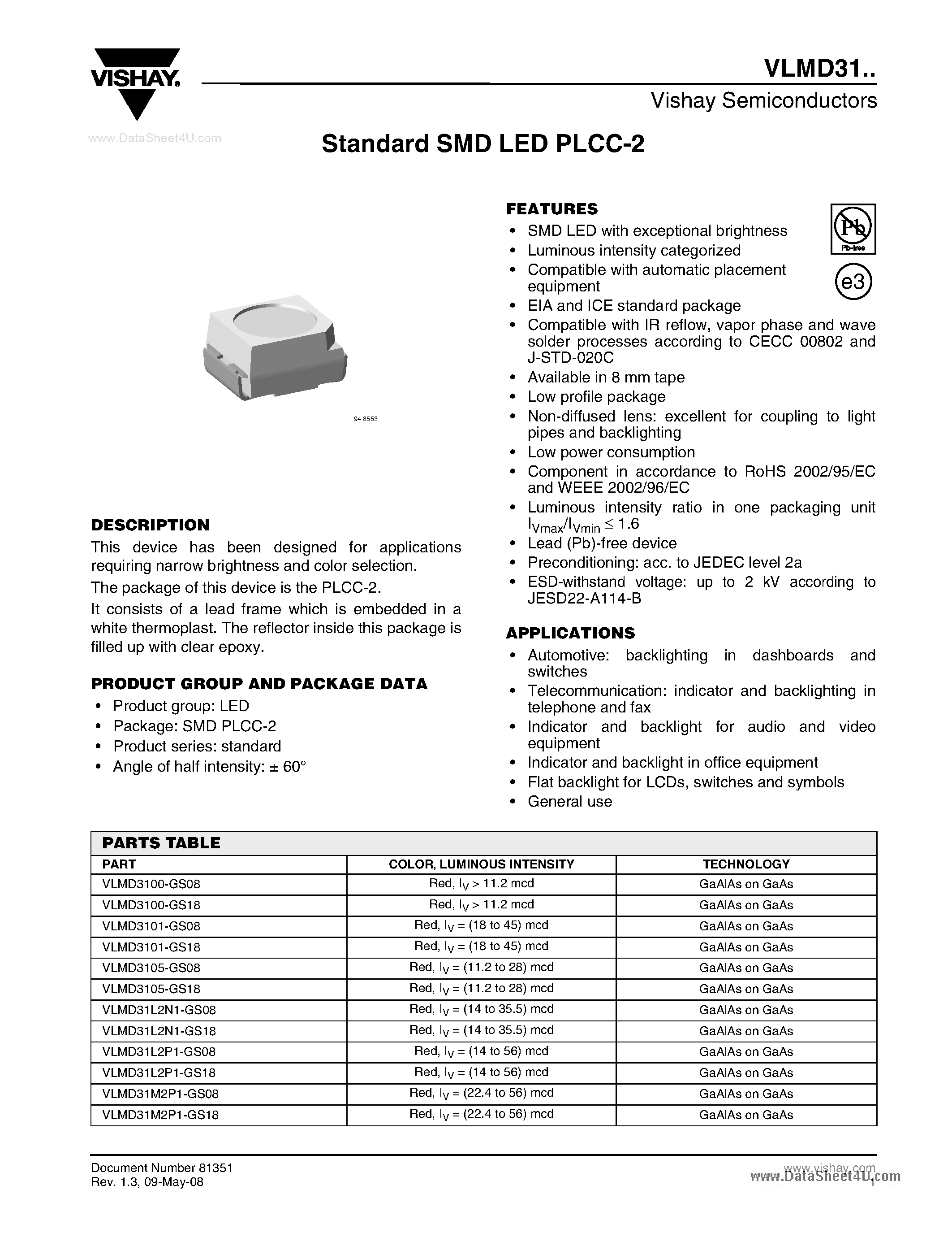 Datasheet VLMD31 page 1 Datasheet VLMD31 - Standard SMD LED PLCC-2 page 1