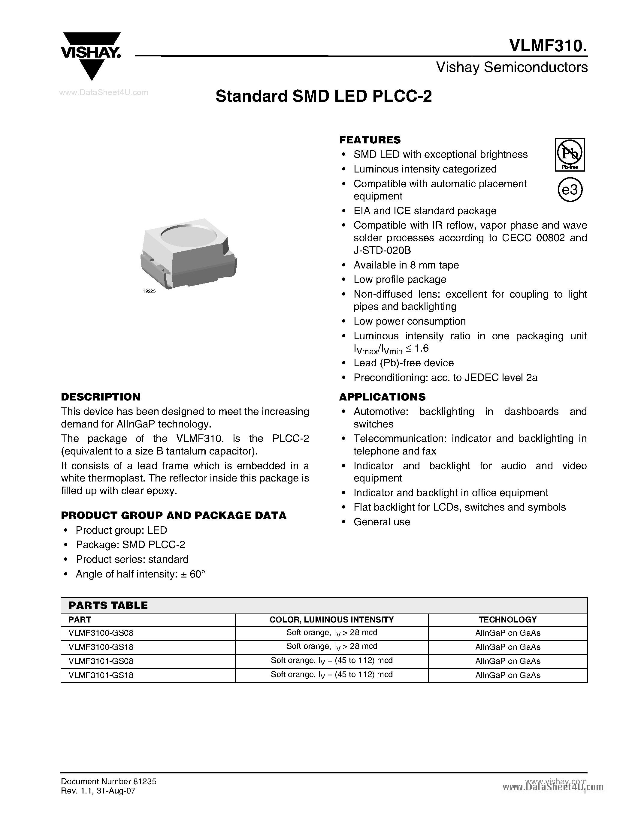Datasheet VLMF31 page 1 Datasheet VLMF31 - Standard SMD LED PLCC-2 page 1