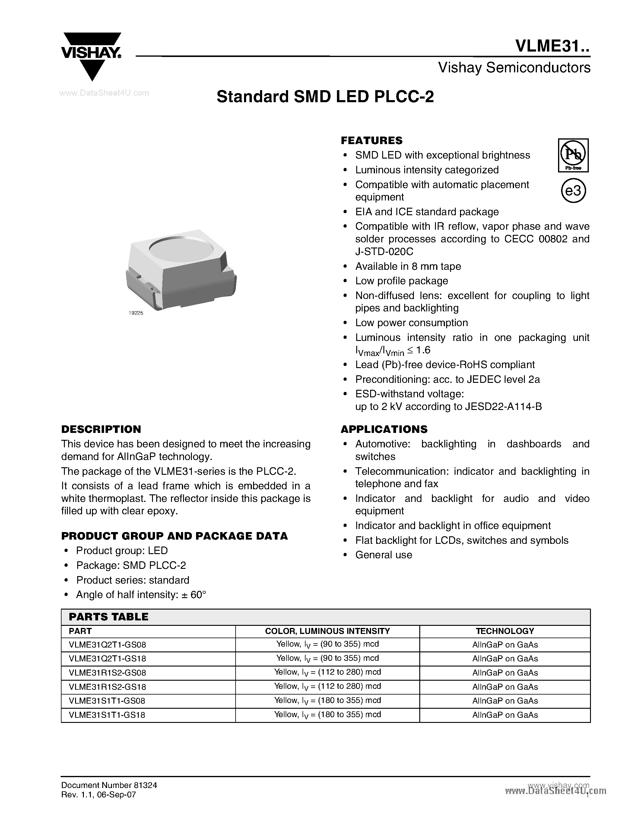 Datasheet VLME31 page 1 Datasheet VLME31 - Standard SMD LED PLCC-2 page 1